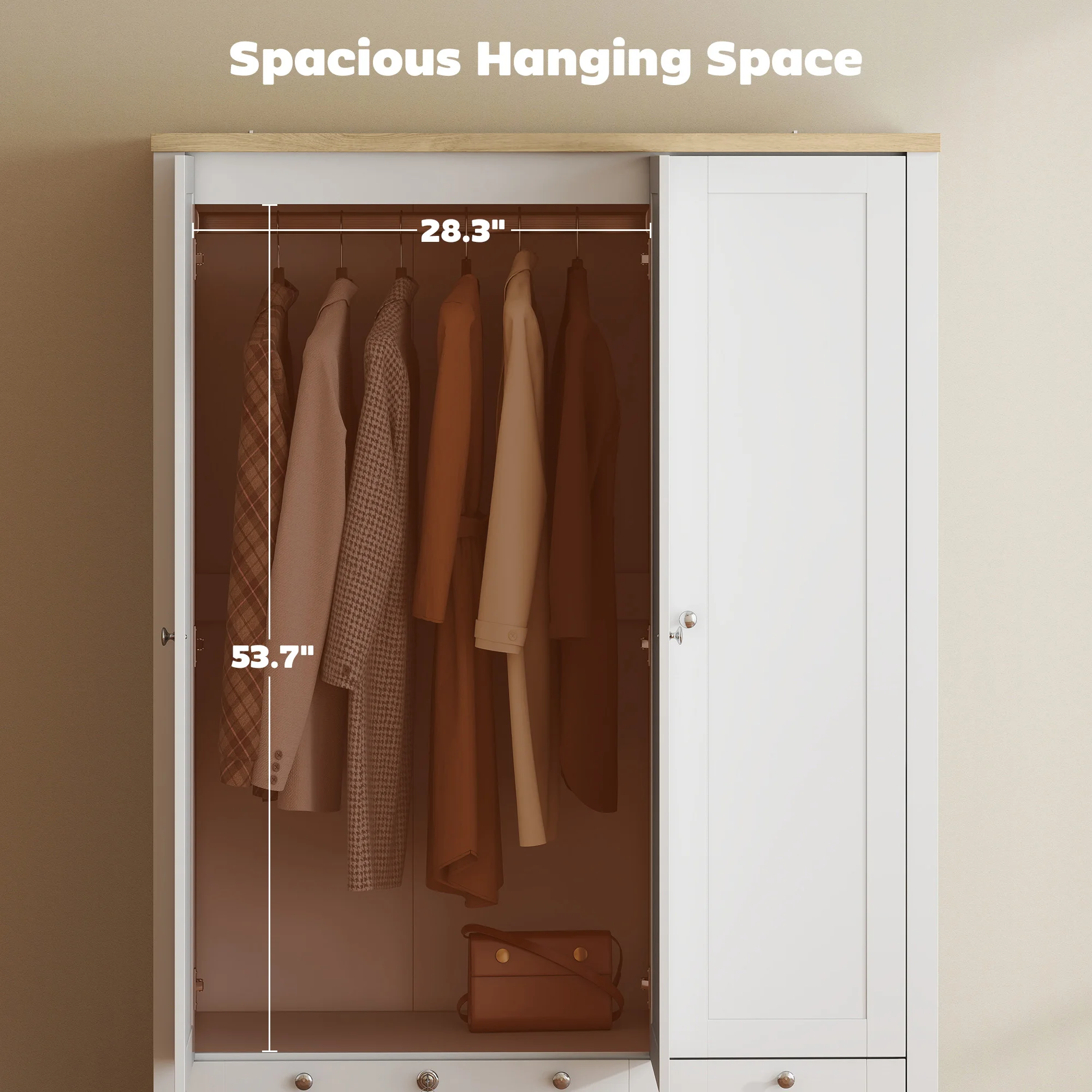 Homcom 3-Door Wardrobe with 2 Drawers, 69inch Clothing Storage Cabinets with Lockable Large Drawers, Hanging Rod and Storage Shelves, Suitable for Bedroom, Wardrobe Cabinet, White