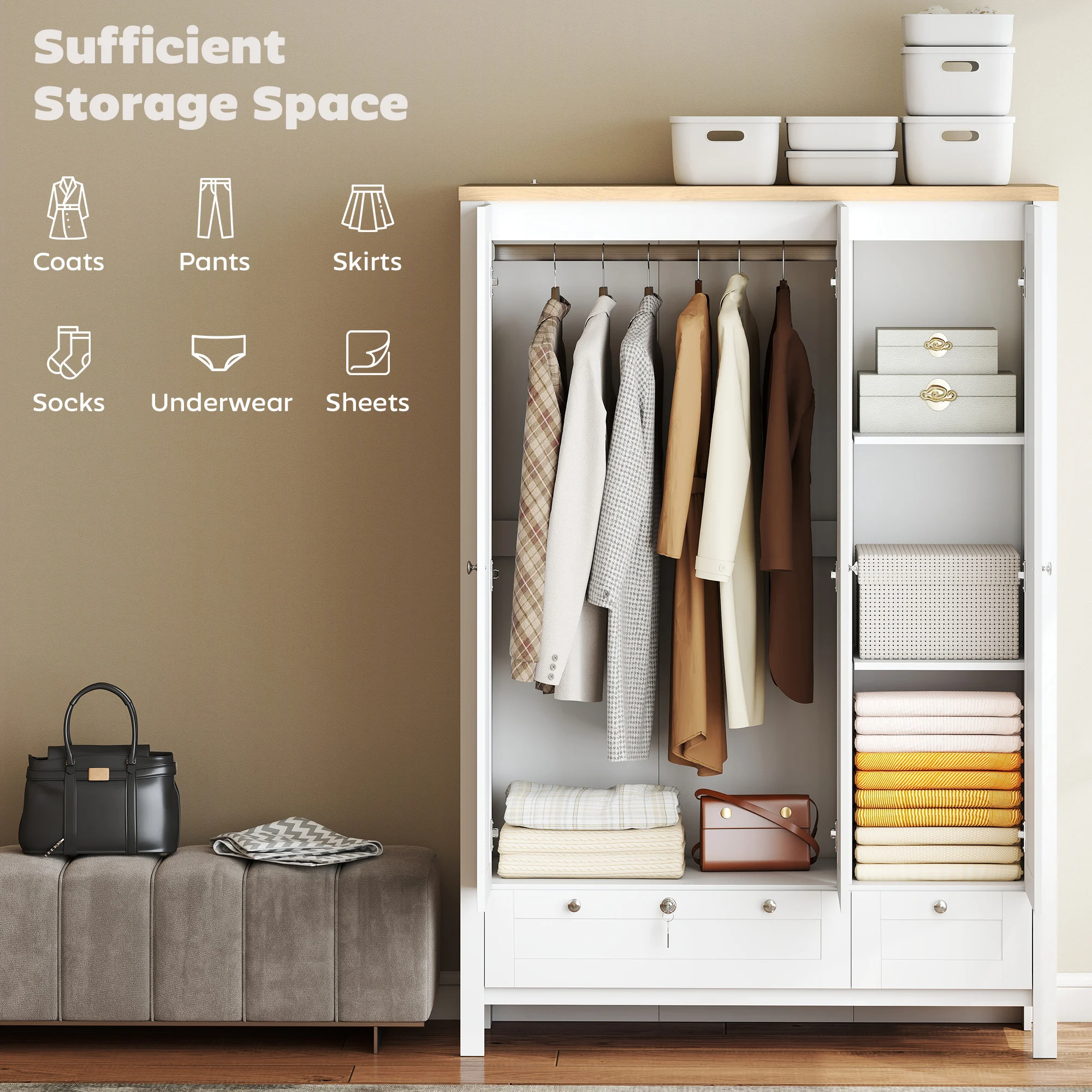 Homcom 3-Door Wardrobe with 2 Drawers, 69inch Clothing Storage Cabinets with Lockable Large Drawers, Hanging Rod and Storage Shelves, Suitable for Bedroom, Wardrobe Cabinet, White