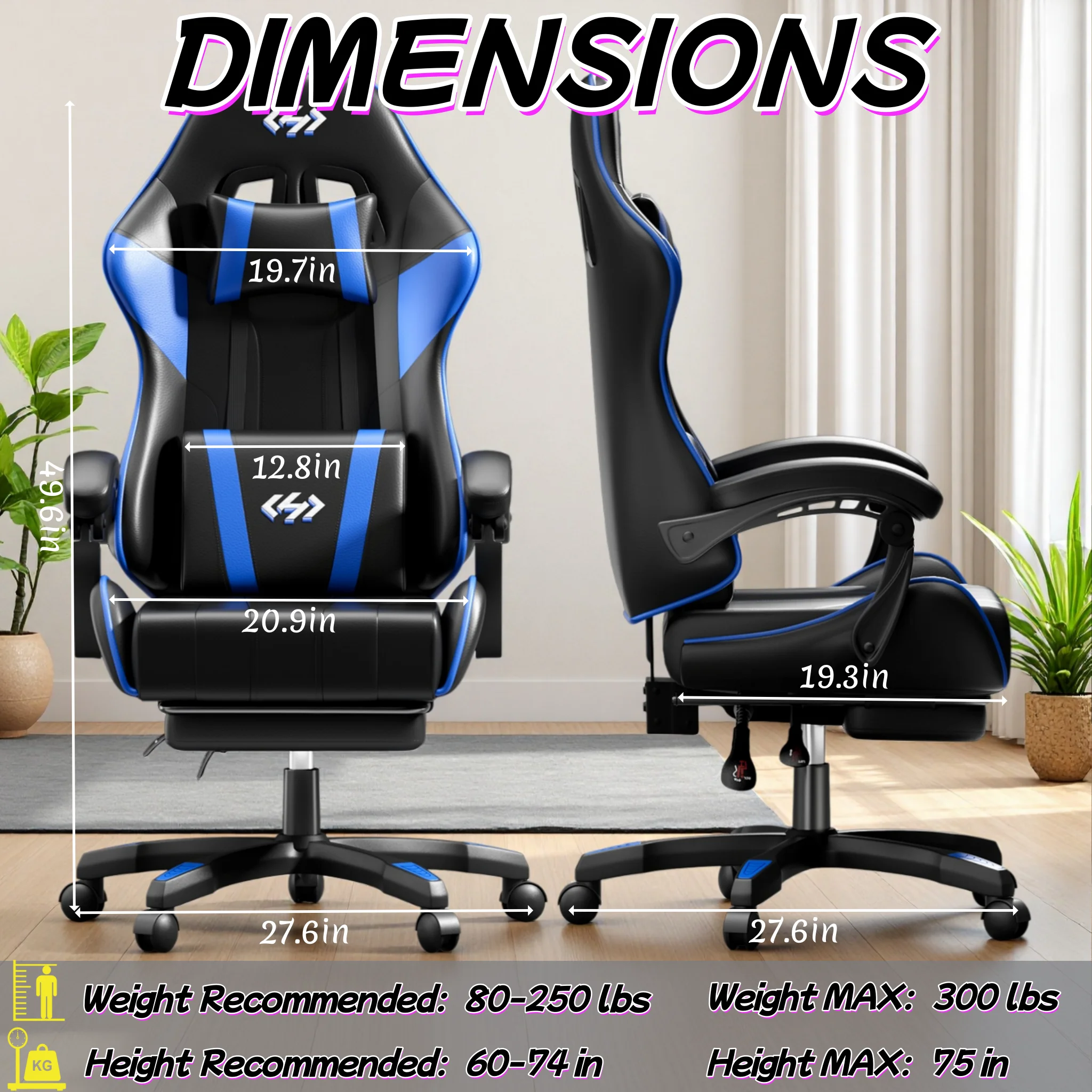 FRODROVIA Ergonomic Gaming Chair, PU Leather Computer Office Chair for Adults, Adjustable Height & Reclining Backrest Angle, 360° Swivel Gaming Desk Chair with Lumbar Support, Headrest and Retractable Footrest