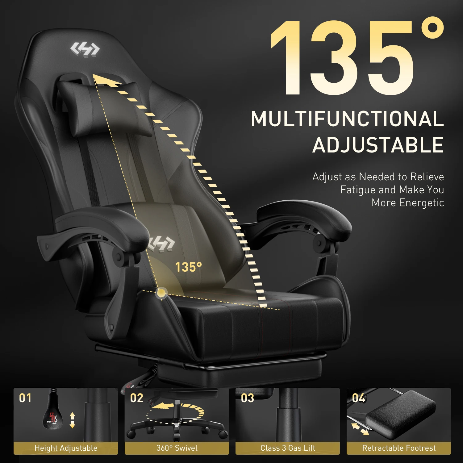 FRODROVIA Ergonomic Gaming Chair, PU Leather Computer Office Chair for Adults, Adjustable Height & Reclining Backrest Angle, 360° Swivel Gaming Desk Chair with Lumbar Support, Headrest and Retractable Footrest