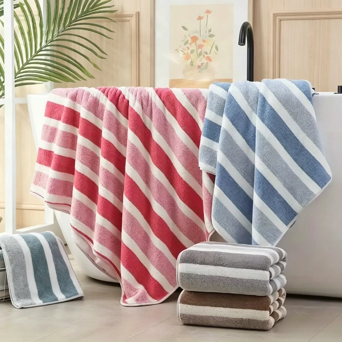 8-Piece Ultra Absorbent Towel Set, Lint-Free & Super Soft Two-Tone Striped Bath Towel Collection, Premium Microfiber Bathroom Towel Set Includes 2 Bath Towels, 2 Face Towels & 4 Hand Towels, Suitable for Bathroom, Spa & Hotel Use
