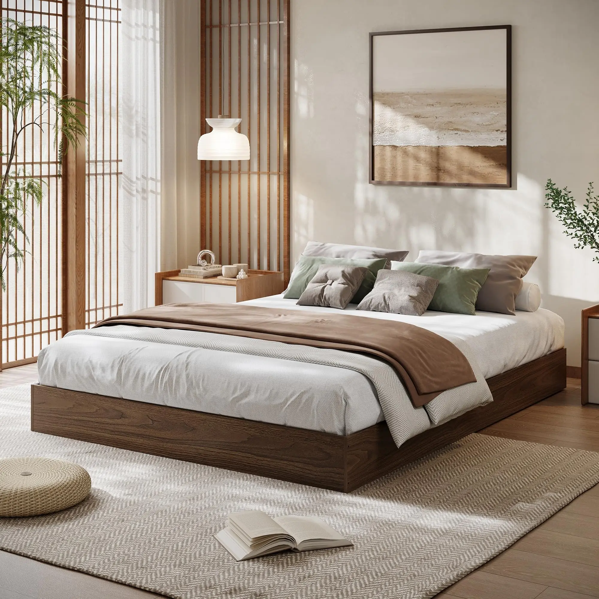 Queen Bed Frame, Wood Platform Bed with Sturdy Wooden Slats, Modern Minimalist Design, No Box Spring Needed, Easy Assembly, Walnut
