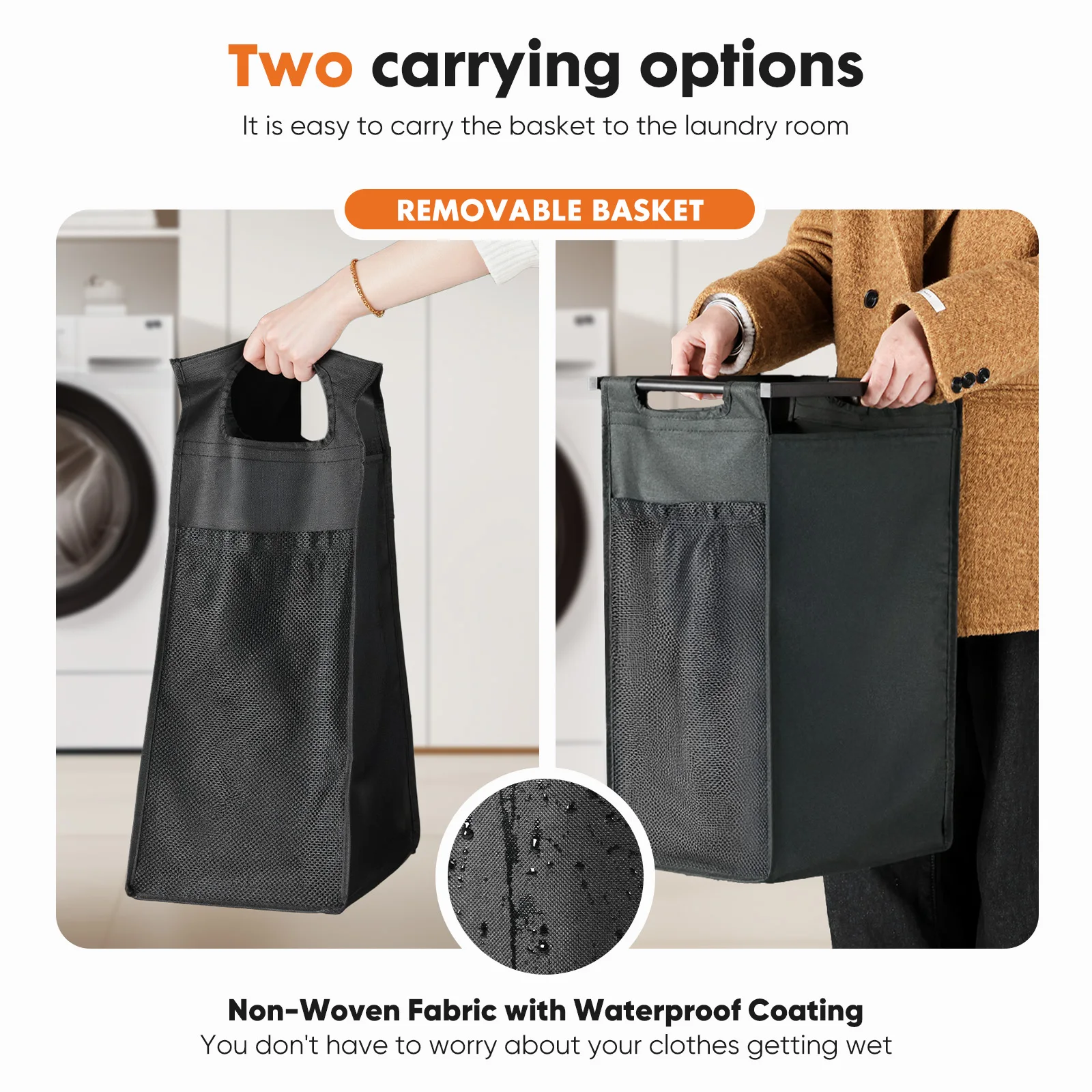 JHK 69L Cabinets with Movable Wheels Rolling Laundry Basket Metal Frame and Pull-Out Removable Sorter Bags Clothes Basket Organizer for Furniture 