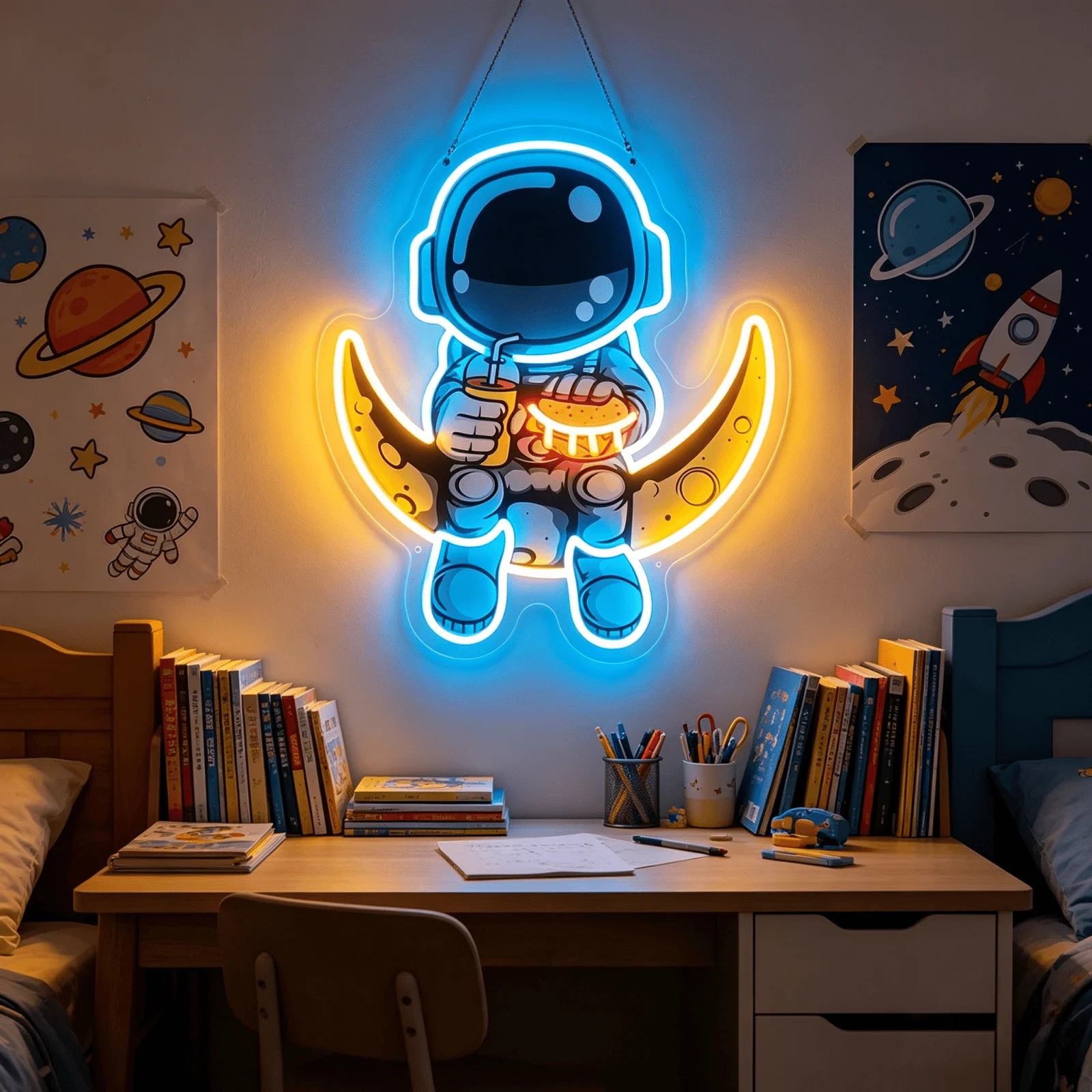 Astronaut Moon Neon Sign, Colorful LED Neon Light for Wall Decor, Space Themed Kids Bedroom Decor, USB Powered