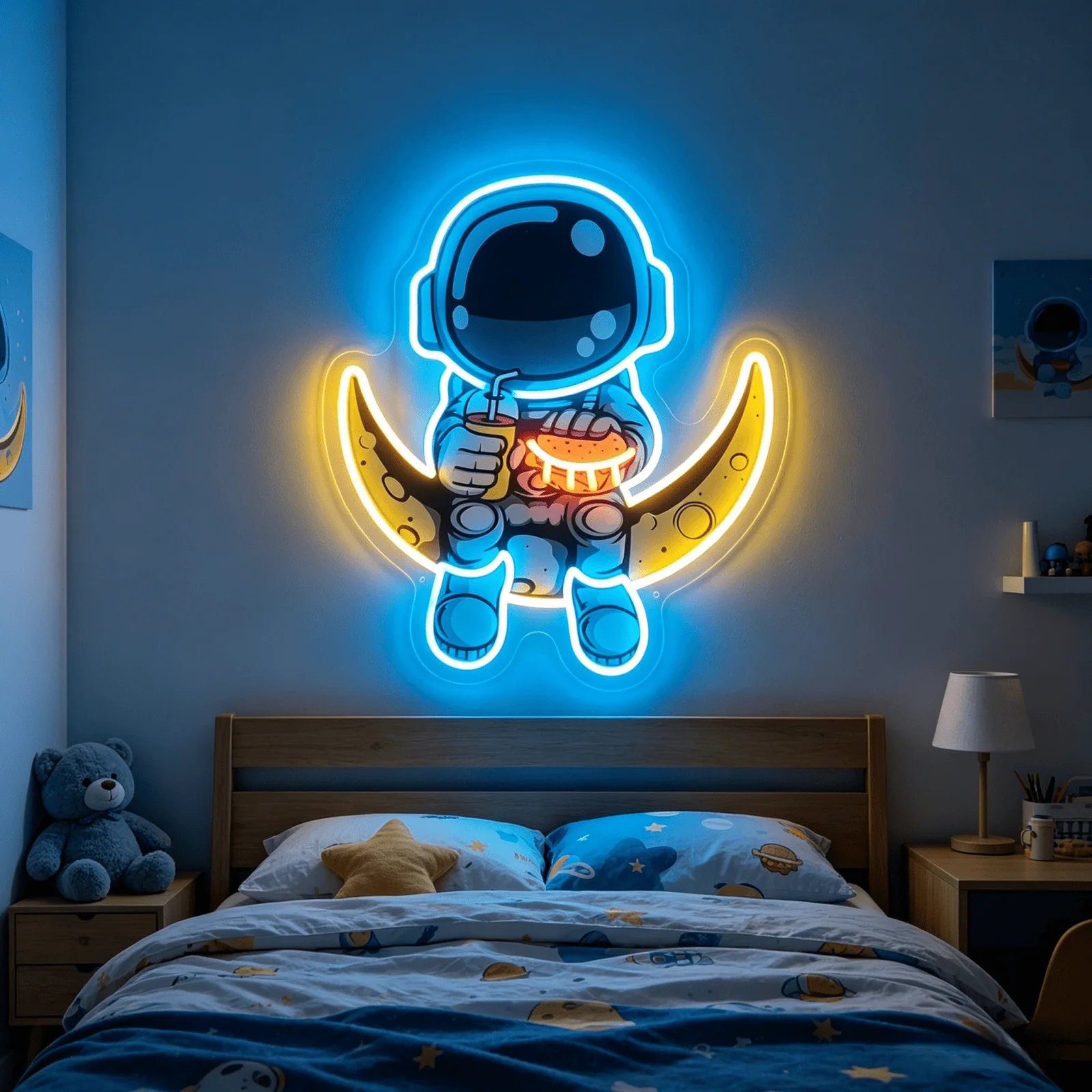 Astronaut Moon Neon Sign, Colorful LED Neon Light for Wall Decor, Space Themed Kids Bedroom Decor, USB Powered