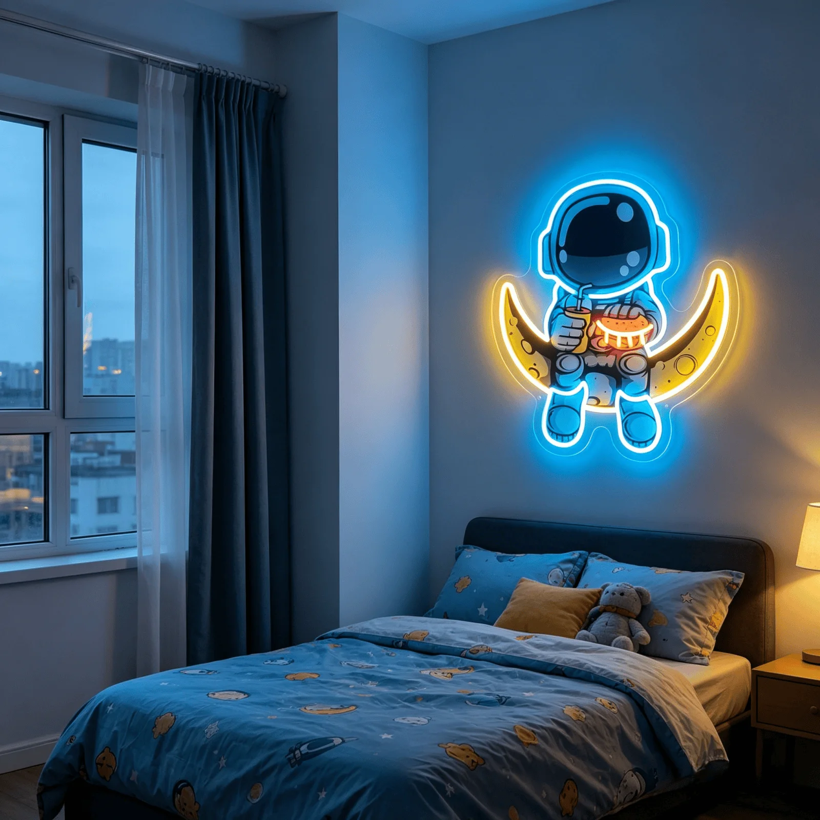 Astronaut Moon Neon Sign, Colorful LED Neon Light for Wall Decor, Space Themed Kids Bedroom Decor, USB Powered