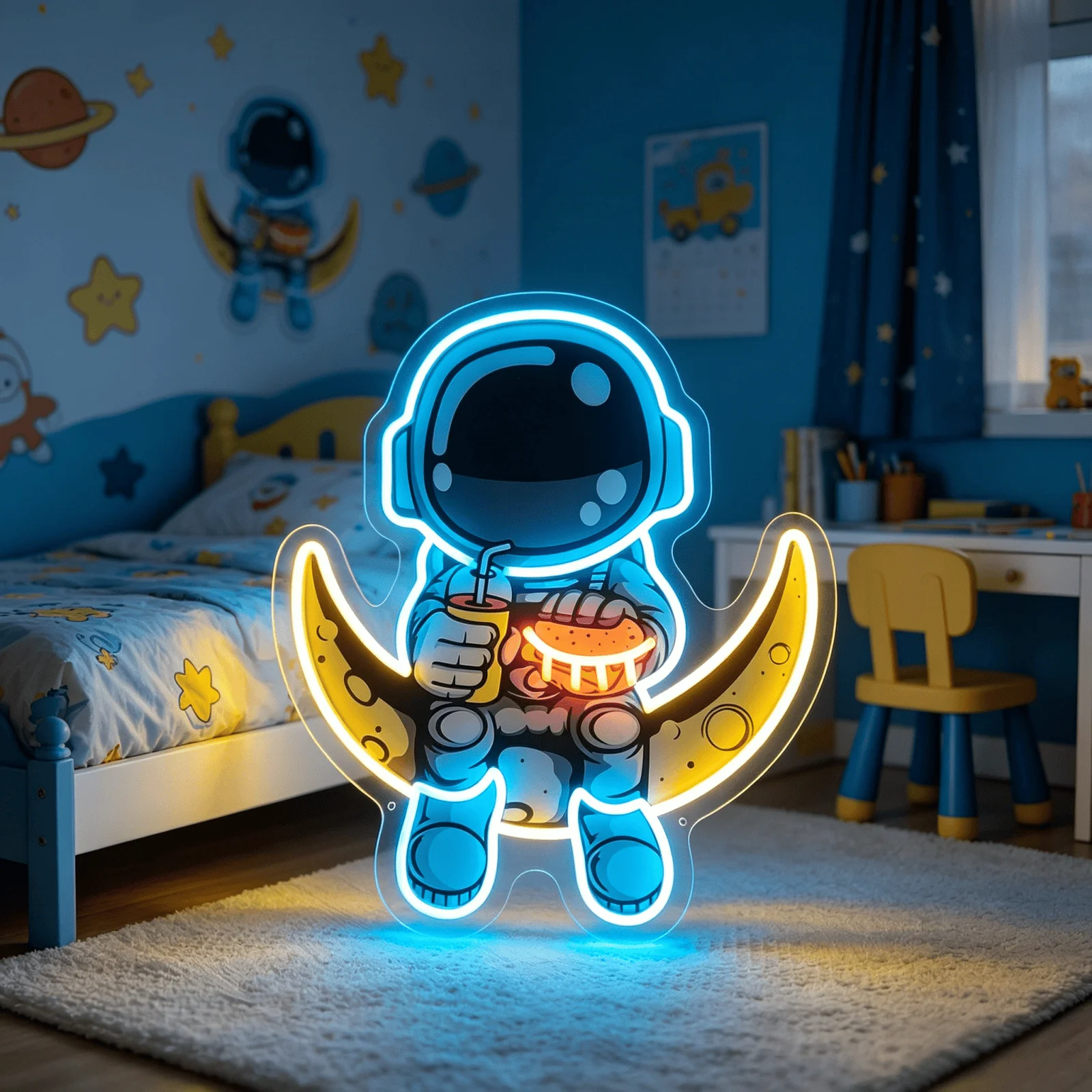 Astronaut Moon Neon Sign, Colorful LED Neon Light for Wall Decor, Space Themed Kids Bedroom Decor, USB Powered
