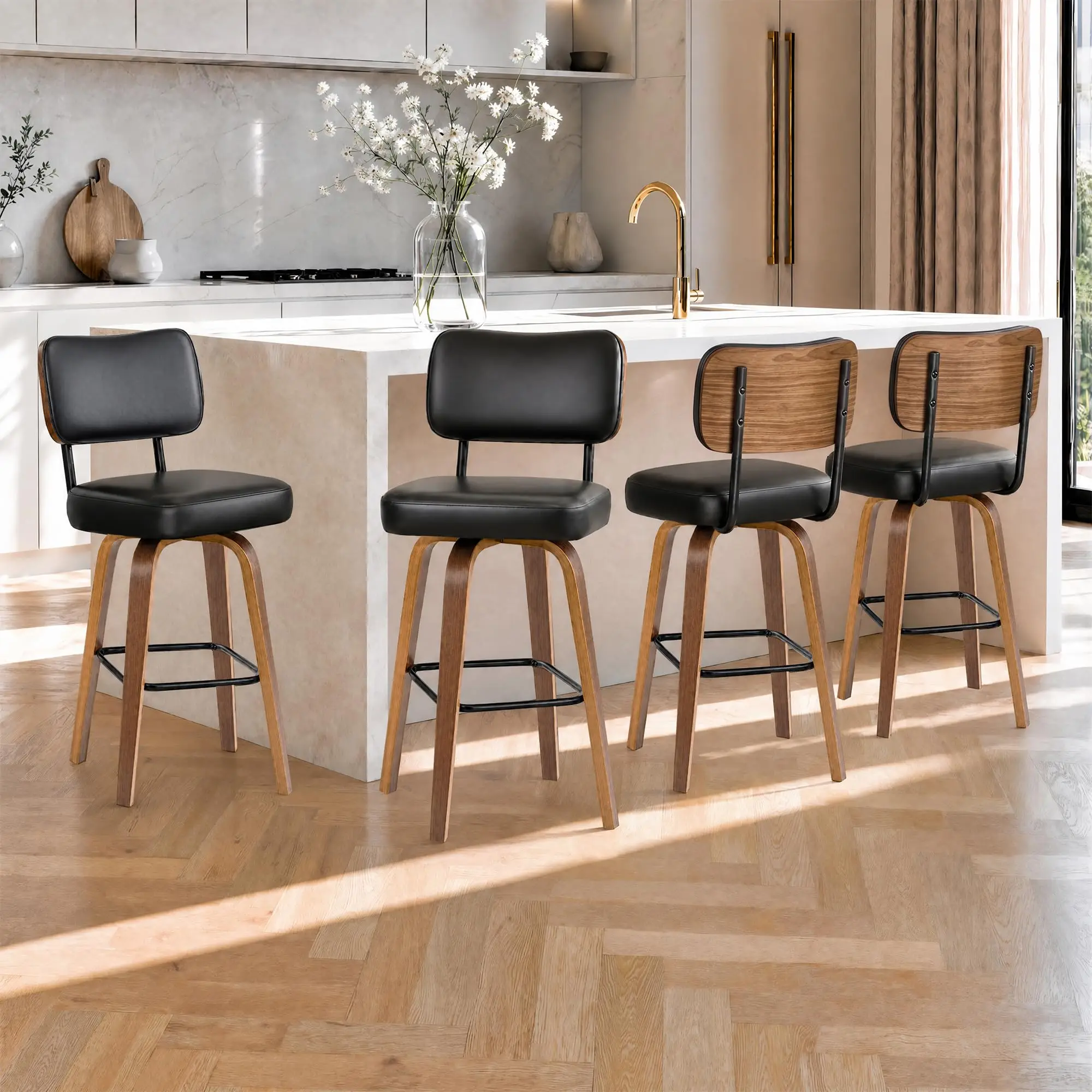 Counter Height Bar Stools Set Of 3, 26in Swivel Bar Stools With Back, Faux Leather Kitchen Island Stools, Bentwood Legs