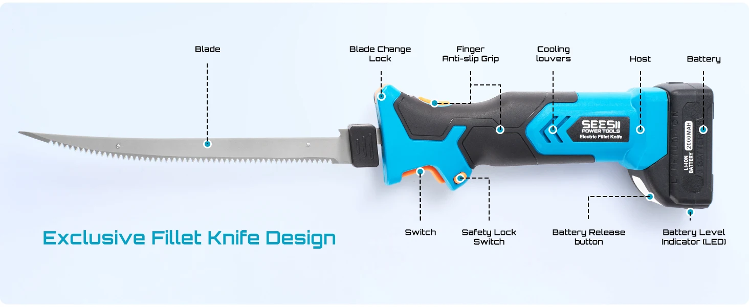 Seesii Electric Fillet Knife Set Cordless Rechargaable Fish Knife Lithium Battery Cutter Bread Beef Knives Kitchen Cooking Tools with 2*2.0Ah Batteries for Fishing Filleting