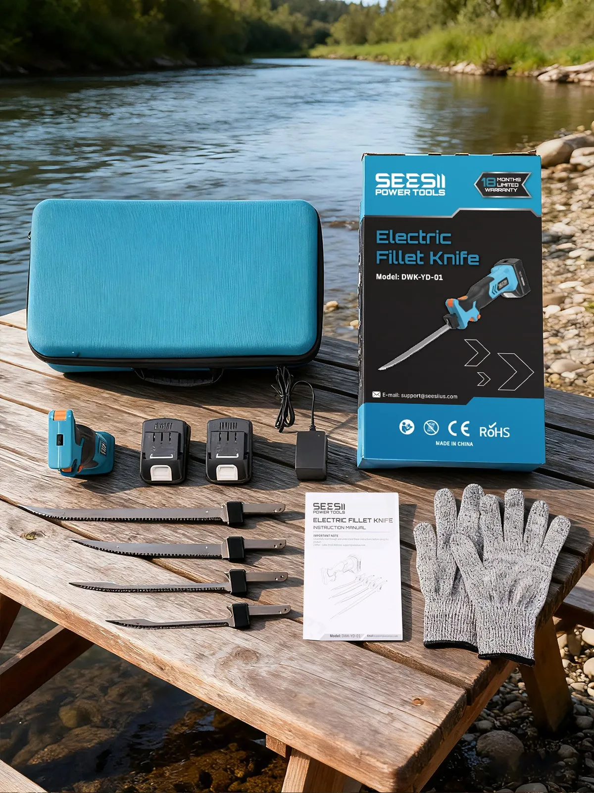 Seesii Electric Fillet Knife Set Cordless Rechargaable Fish Knife Lithium Battery Cutter Bread Beef Knives Kitchen Cooking Tools with 2*2.0Ah Batteries for Fishing Filleting
