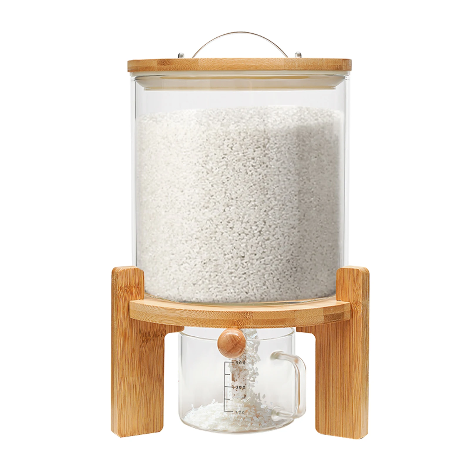 Capacity Airtight Glass Dry Food Storage, Container Cereal Rice Dispenser w/Round Bamboo Lids & Cup & Stand (5 L)