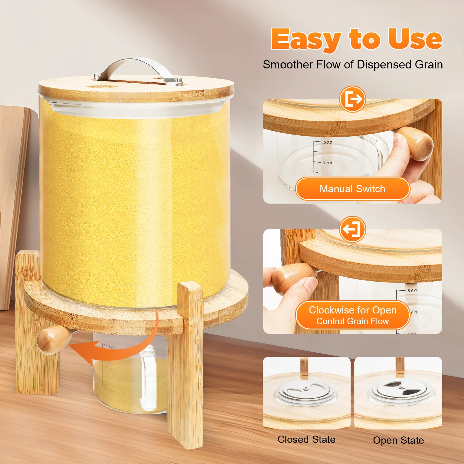 Capacity Airtight Glass Dry Food Storage, Container Cereal Rice Dispenser w/Round Bamboo Lids & Cup & Stand (5 L)