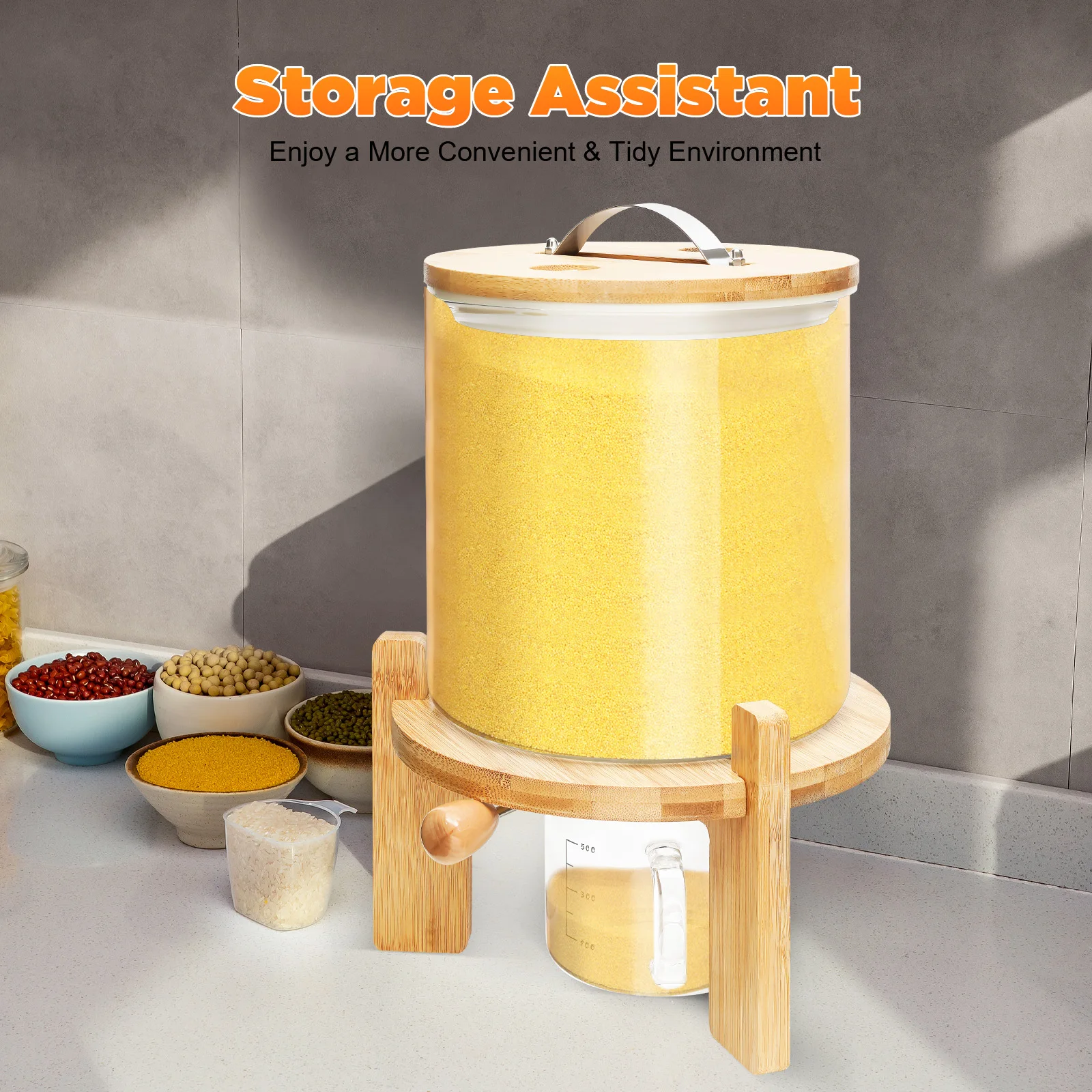 Capacity Airtight Glass Dry Food Storage, Container Cereal Rice Dispenser w/Round Bamboo Lids & Cup & Stand (5 L)