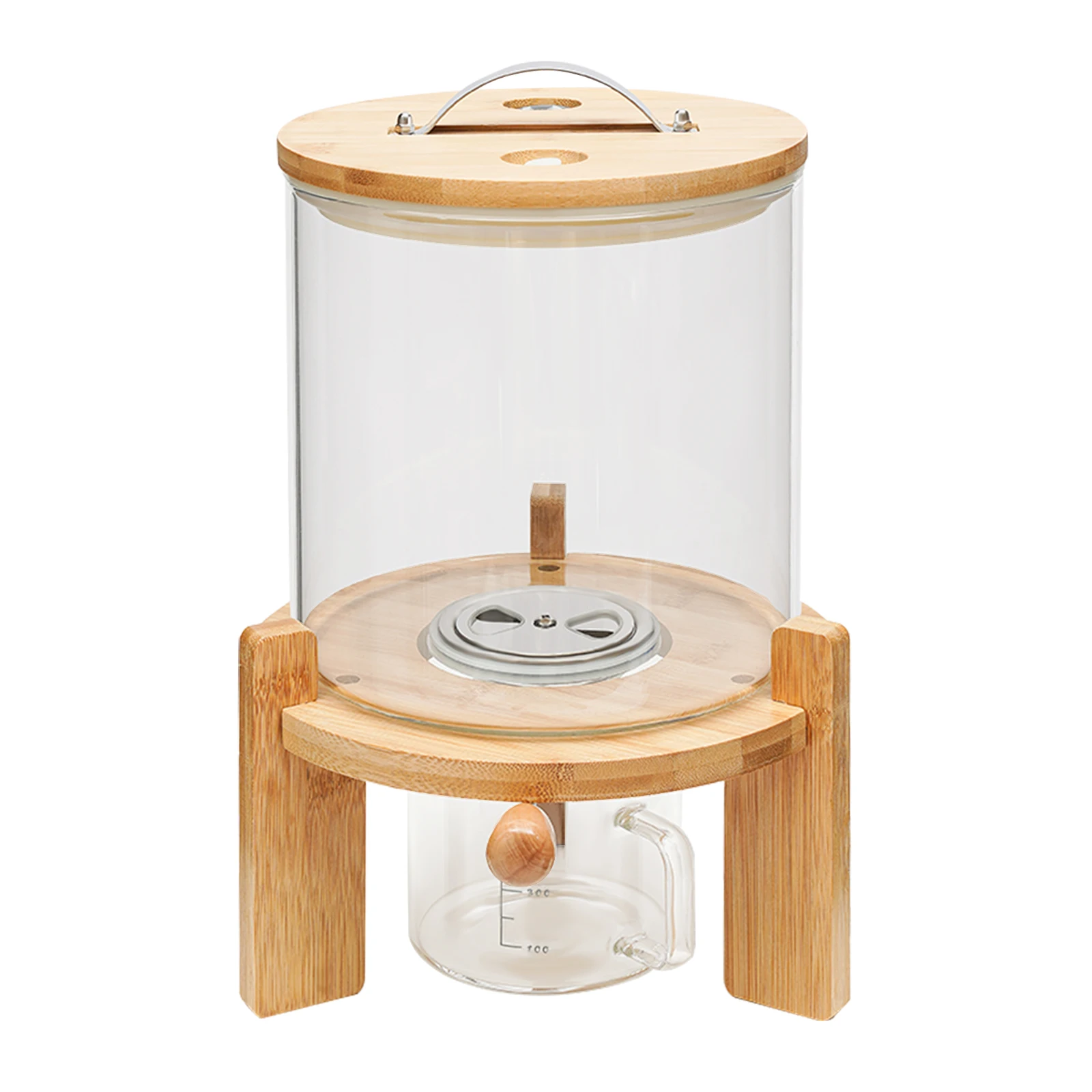 Capacity Airtight Glass Dry Food Storage, Container Cereal Rice Dispenser w/Round Bamboo Lids & Cup & Stand (5 L)
