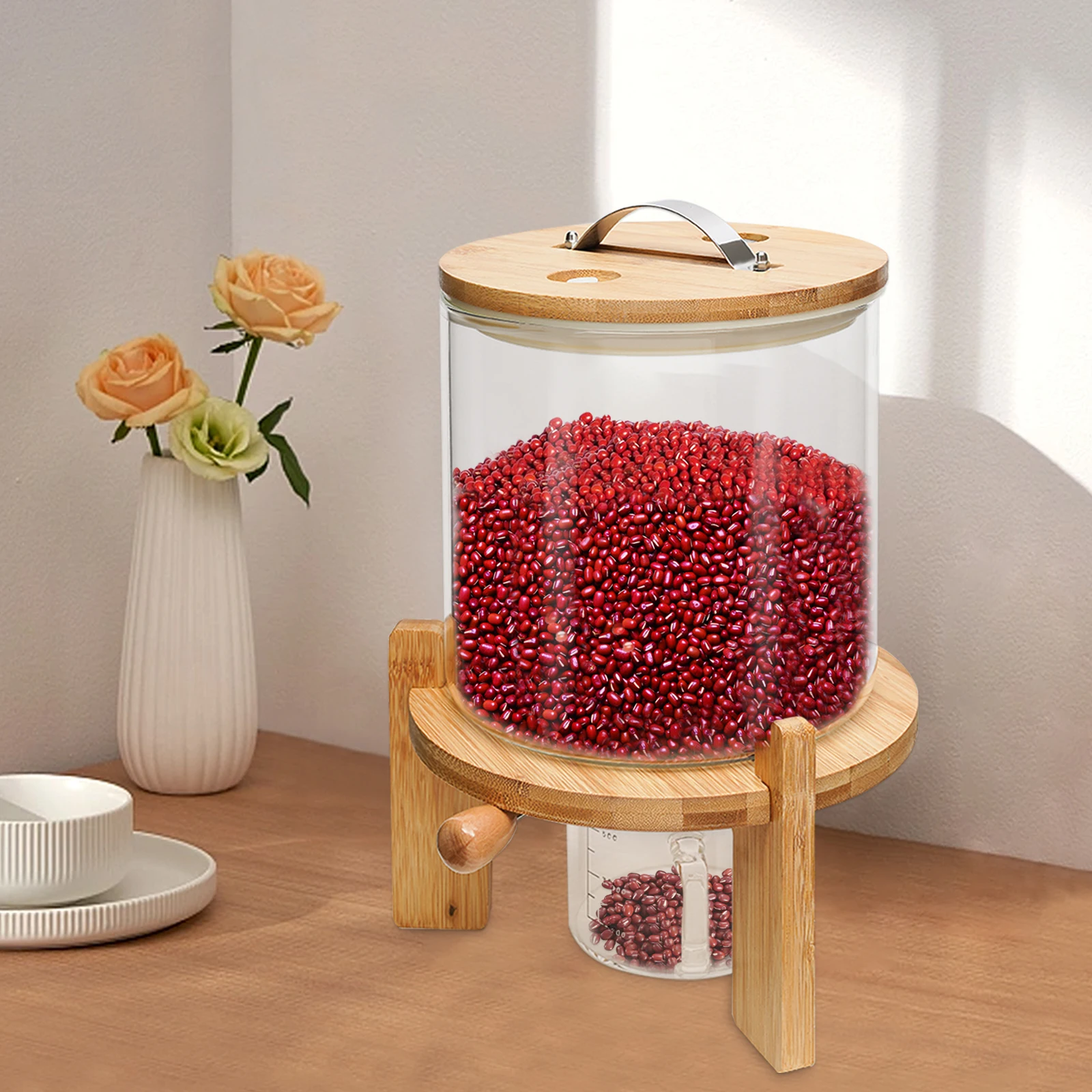 Capacity Airtight Glass Dry Food Storage, Container Cereal Rice Dispenser w/Round Bamboo Lids & Cup & Stand (5 L)