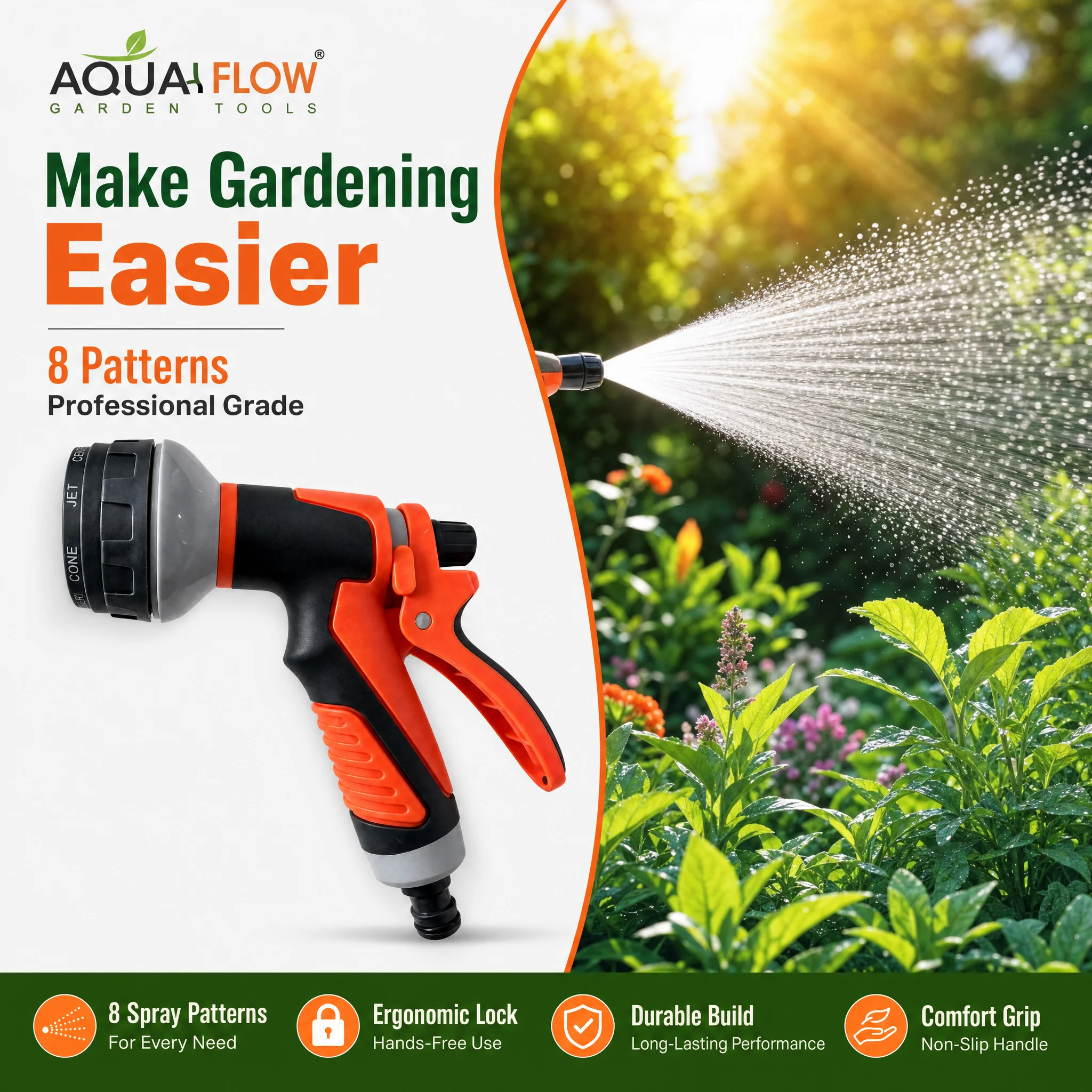 8 Spray Modes Garden Water Spray Gun, Ergonomic Anti-slip Hose Nozzle with Lockable Trigger, High Pressure Water Sprayer for Car Washing Pet Bathing Garden Watering, 2 Colors Optional
