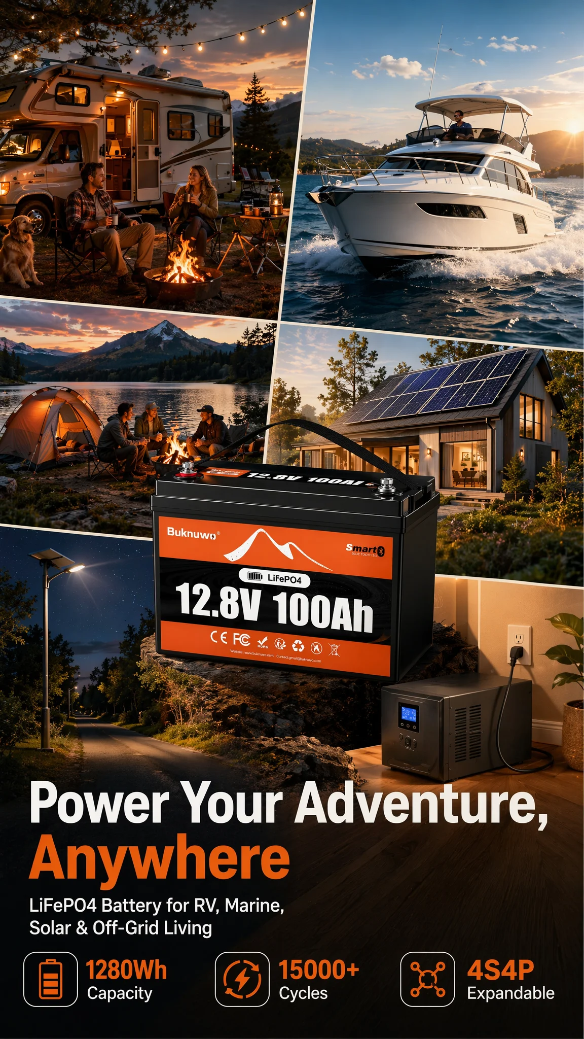 BUKNUWO LiFePO4 12V/12.8V 100Ah Lithium Battery Pack With Bluetooth Built-in 100A BMS Grade A Cells 8000+ Cycles BMS Grade A For Boat RV Campers Solar System