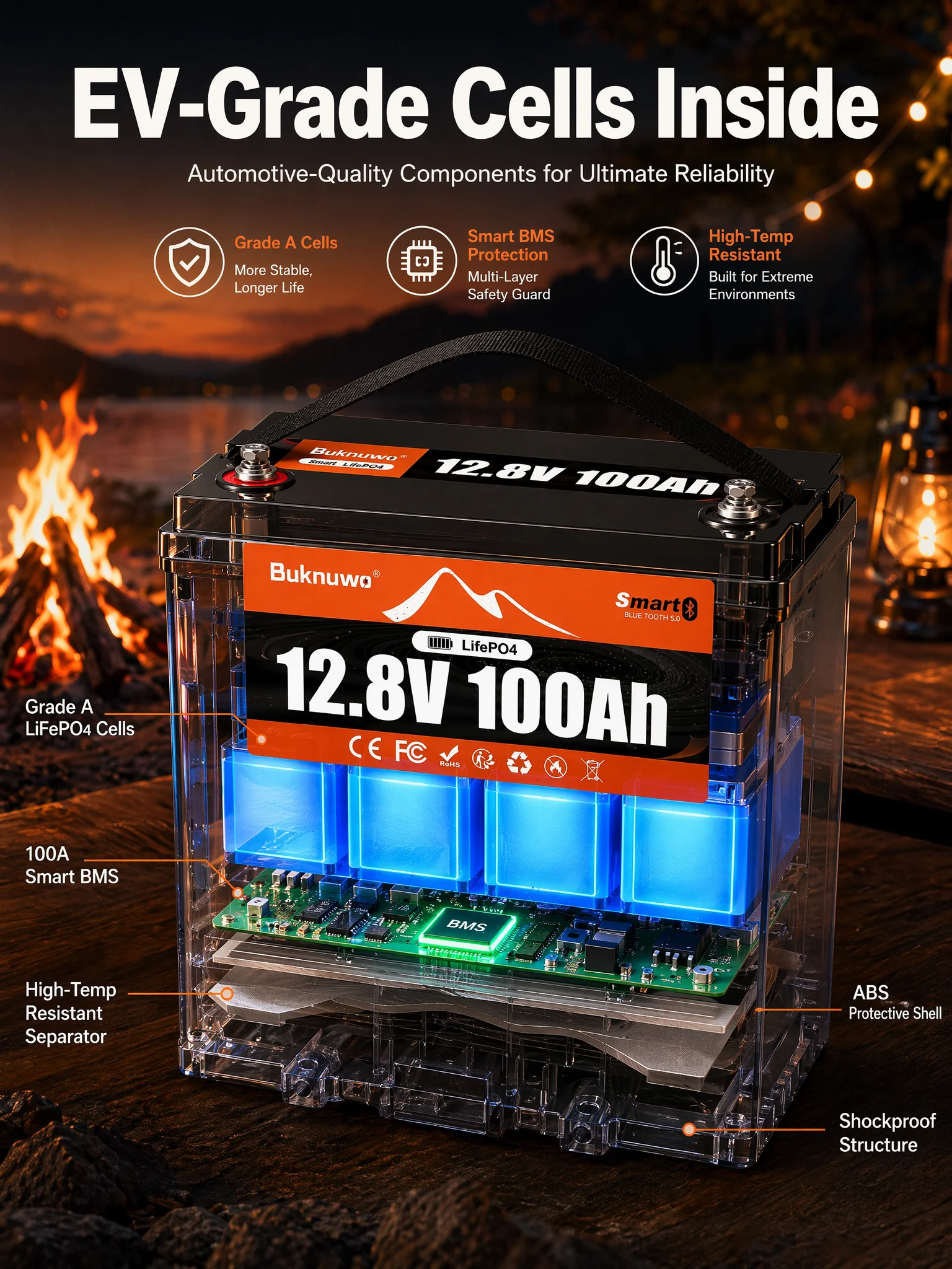 BUKNUWO LiFePO4 12V/12.8V 100Ah Lithium Battery Pack With Bluetooth Built-in 100A BMS Grade A Cells 8000+ Cycles BMS Grade A For Boat RV Campers Solar System