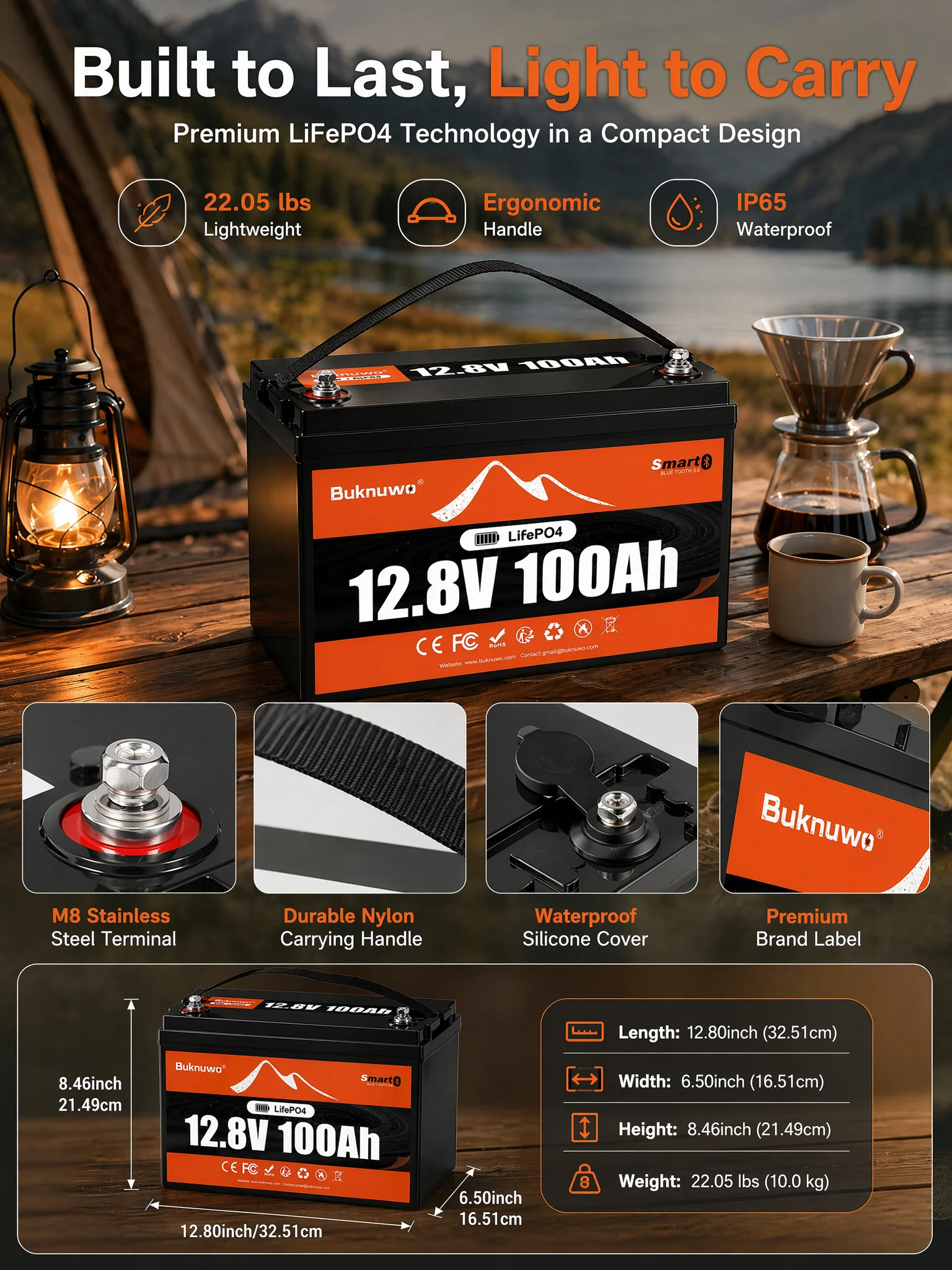 BUKNUWO LiFePO4 12V/12.8V 100Ah Lithium Battery Pack With Bluetooth Built-in 100A BMS Grade A Cells 8000+ Cycles BMS Grade A For Boat RV Campers Solar System