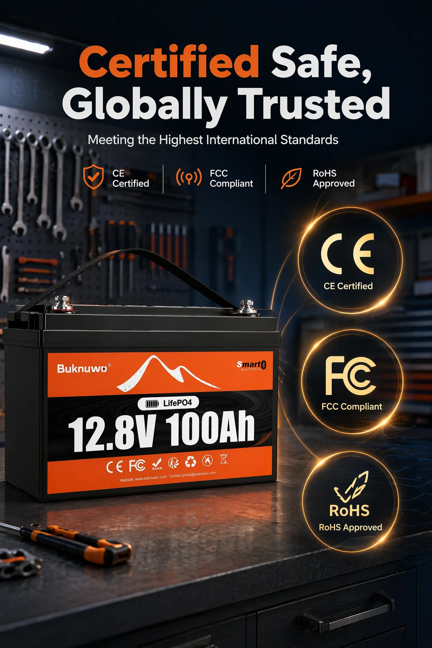 BUKNUWO LiFePO4 12V/12.8V 100Ah Lithium Battery Pack With Bluetooth Built-in 100A BMS Grade A Cells 8000+ Cycles BMS Grade A For Boat RV Campers Solar System