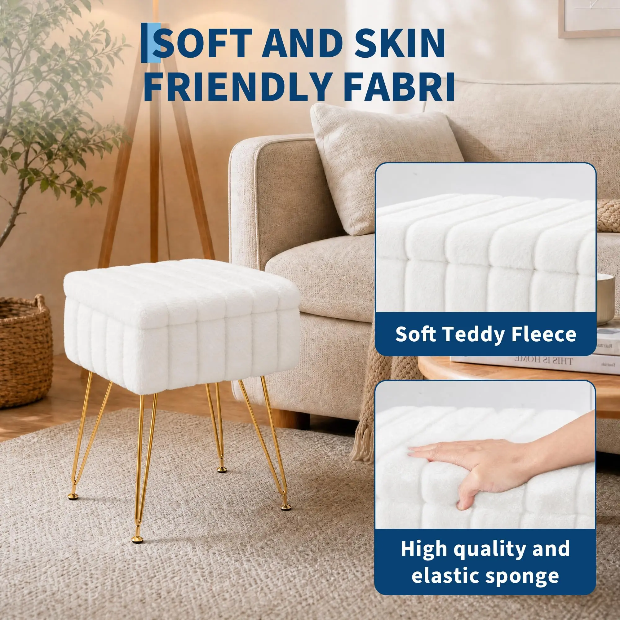 Vanity Stool With Storage, Faux Fur Ottoman With Gold Metal Legs, Soft Padded Makeup Seat Foot Rest For Bedroom Living Room