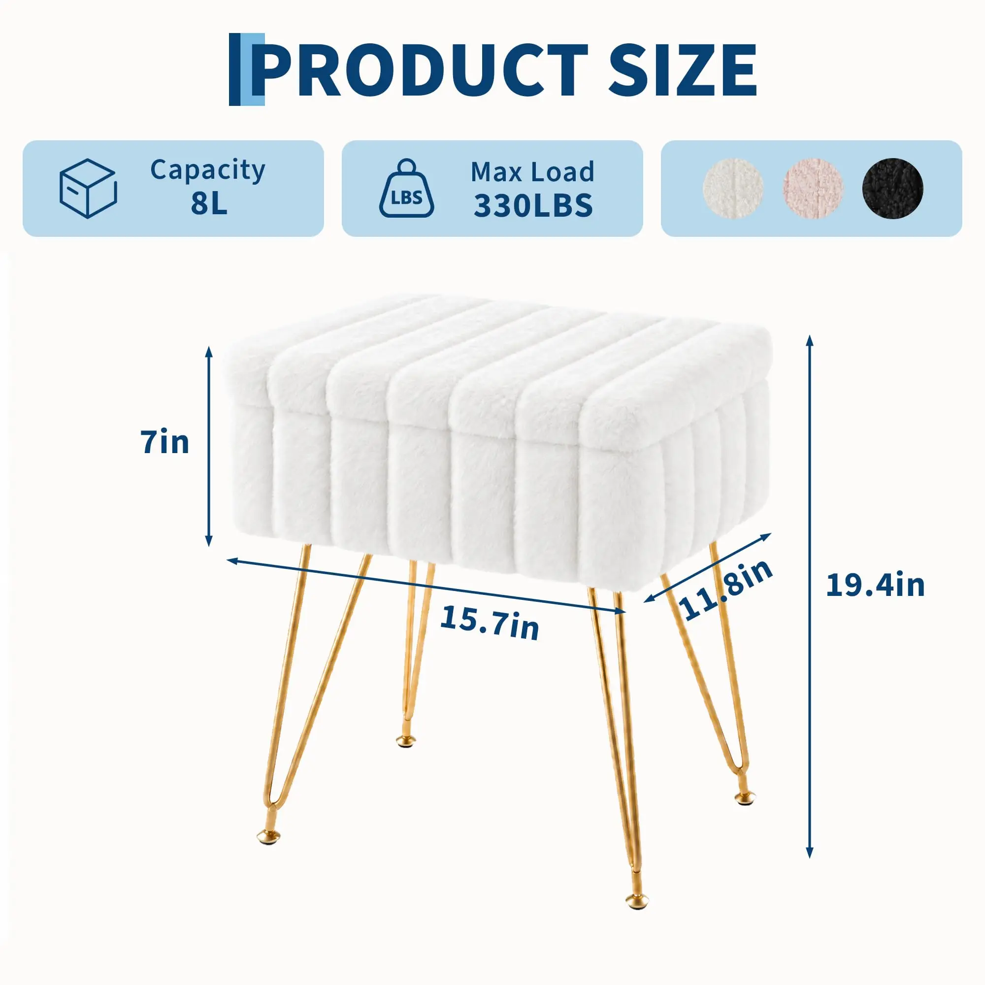 Vanity Stool With Storage, Faux Fur Ottoman With Gold Metal Legs, Soft Padded Makeup Seat Foot Rest For Bedroom Living Room