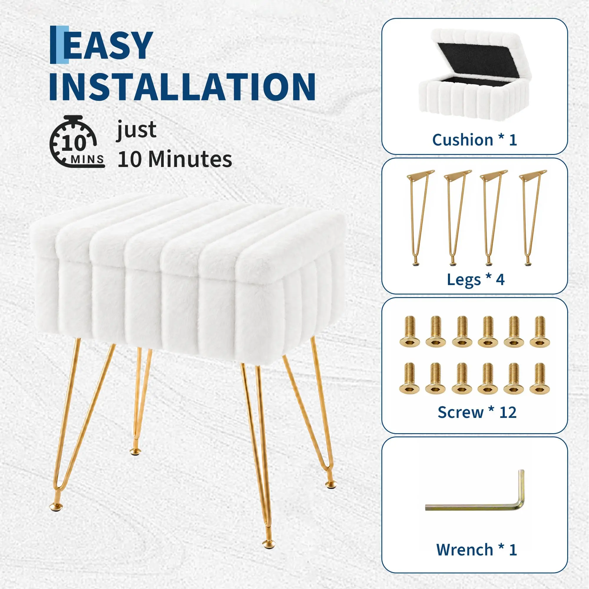 Vanity Stool With Storage, Faux Fur Ottoman With Gold Metal Legs, Soft Padded Makeup Seat Foot Rest For Bedroom Living Room