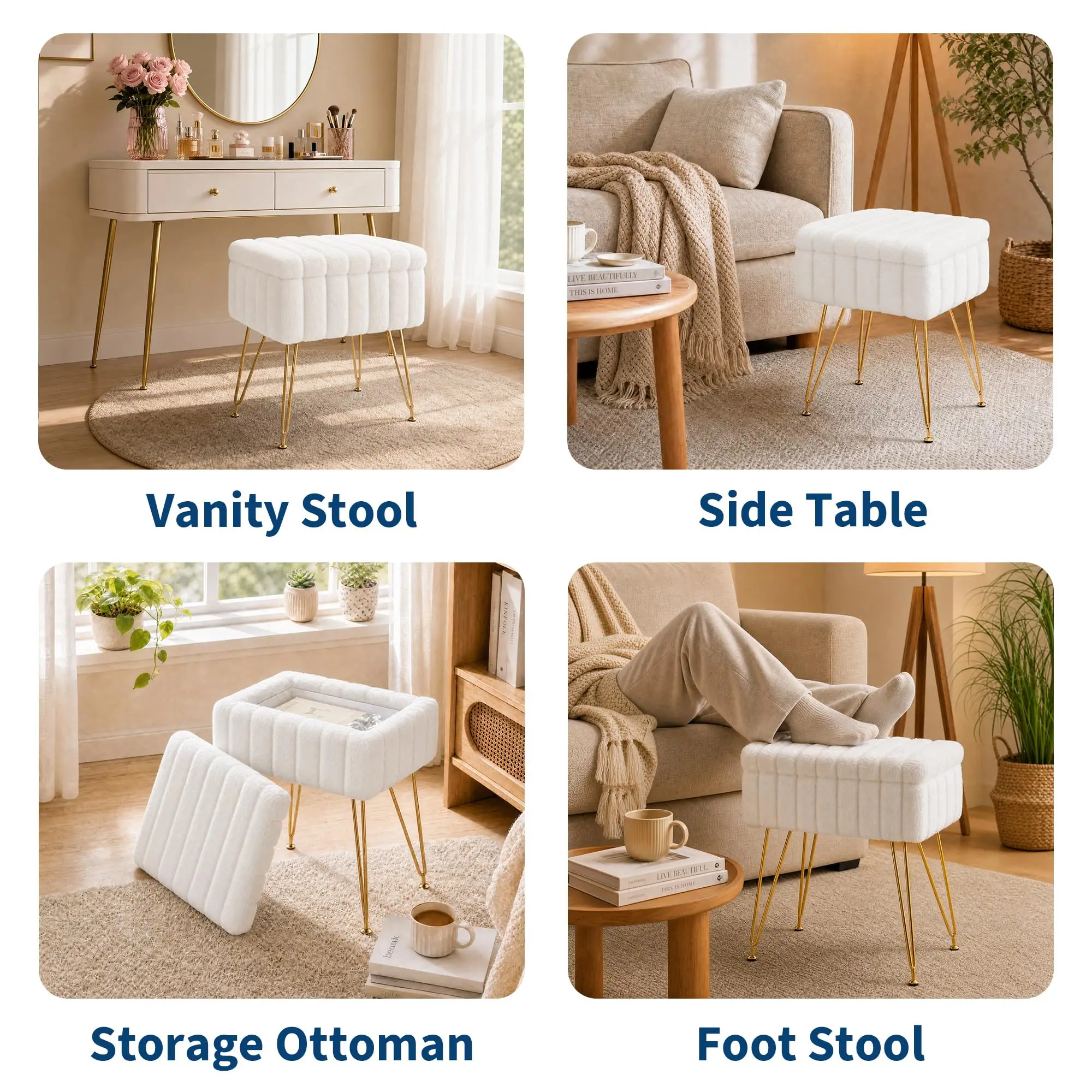 Vanity Stool With Storage, Faux Fur Ottoman With Gold Metal Legs, Soft Padded Makeup Seat Foot Rest For Bedroom Living Room