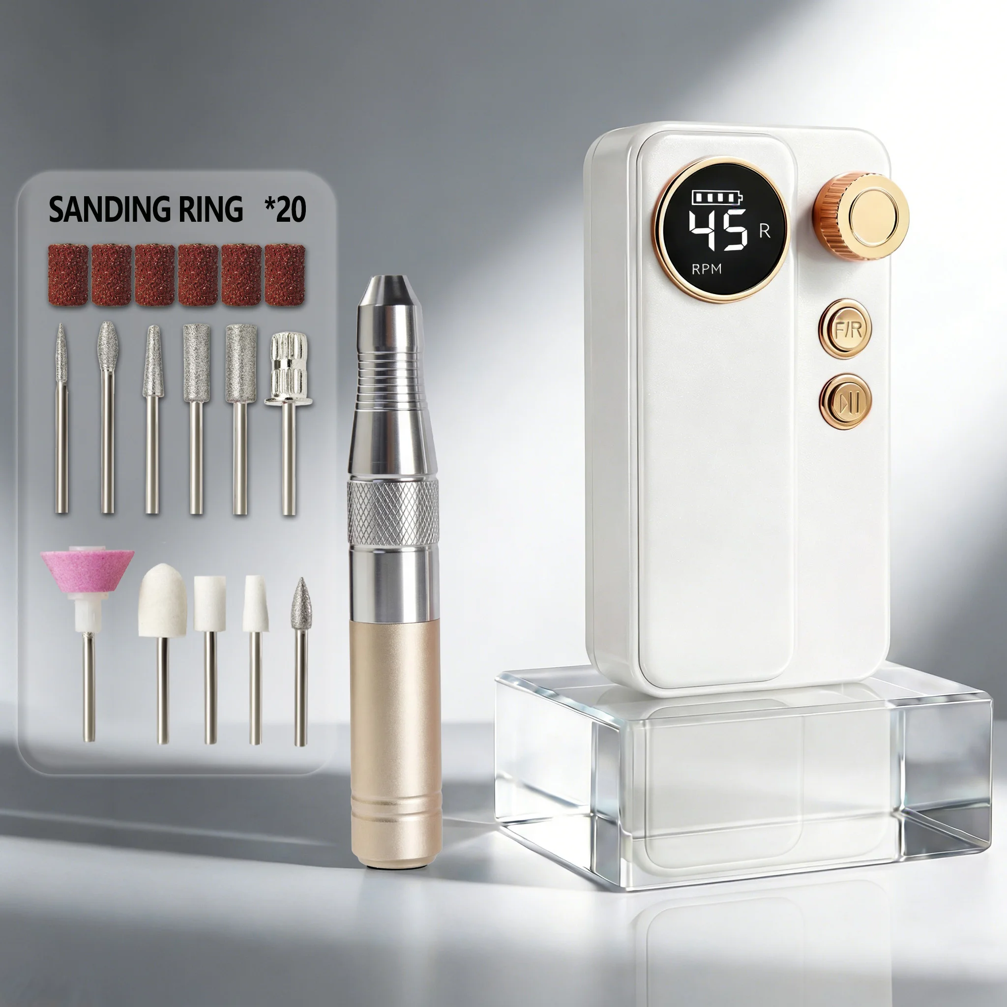 Multifunctional Electric Nail Drill Set, High Power, Forward & Reverse Rotation with Smart Digital Display, Fits Gel & Acrylic Nails, Comes with 11 Drill Bits & 20 Sanding Bands, Rechargeable Portable Manicure Pedicure Tool for Nail Care