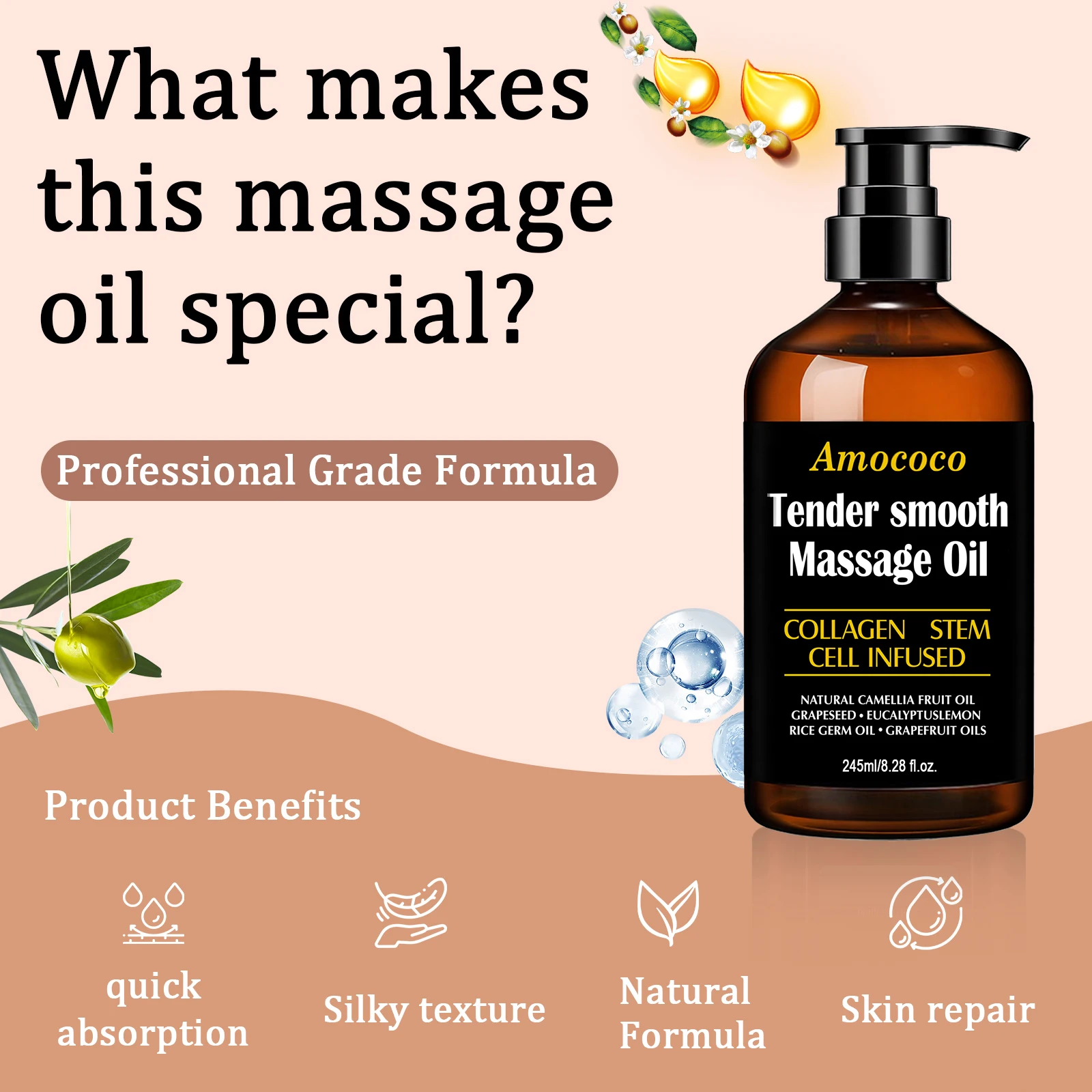 Amococo 2/3pcs Massage Oil Tender Smooth Body Massage Oil 60ml/245ml with Collagen Stem Cell Infused Formula Camellia Fruit Oil Grapeseed Oil Eucalyptus Oil Rice Germ Oil Grapefruit Oil Moisturizing Body Care Oil for Relaxing Massage Skin Care