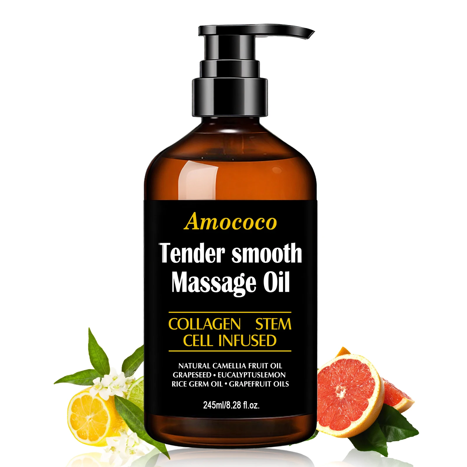 Amococo 2/3pcs Massage Oil Tender Smooth Body Massage Oil 60ml/245ml with Collagen Stem Cell Infused Formula Camellia Fruit Oil Grapeseed Oil Eucalyptus Oil Rice Germ Oil Grapefruit Oil Moisturizing Body Care Oil for Relaxing Massage Skin Care