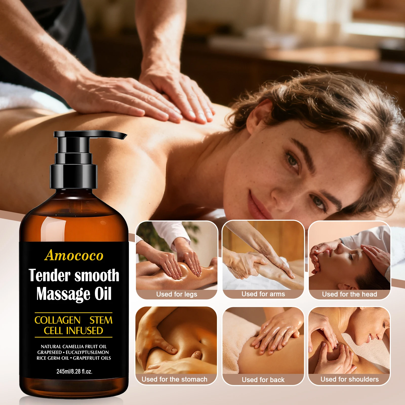 Amococo 2/3pcs Massage Oil Tender Smooth Body Massage Oil 60ml/245ml with Collagen Stem Cell Infused Formula Camellia Fruit Oil Grapeseed Oil Eucalyptus Oil Rice Germ Oil Grapefruit Oil Moisturizing Body Care Oil for Relaxing Massage Skin Care
