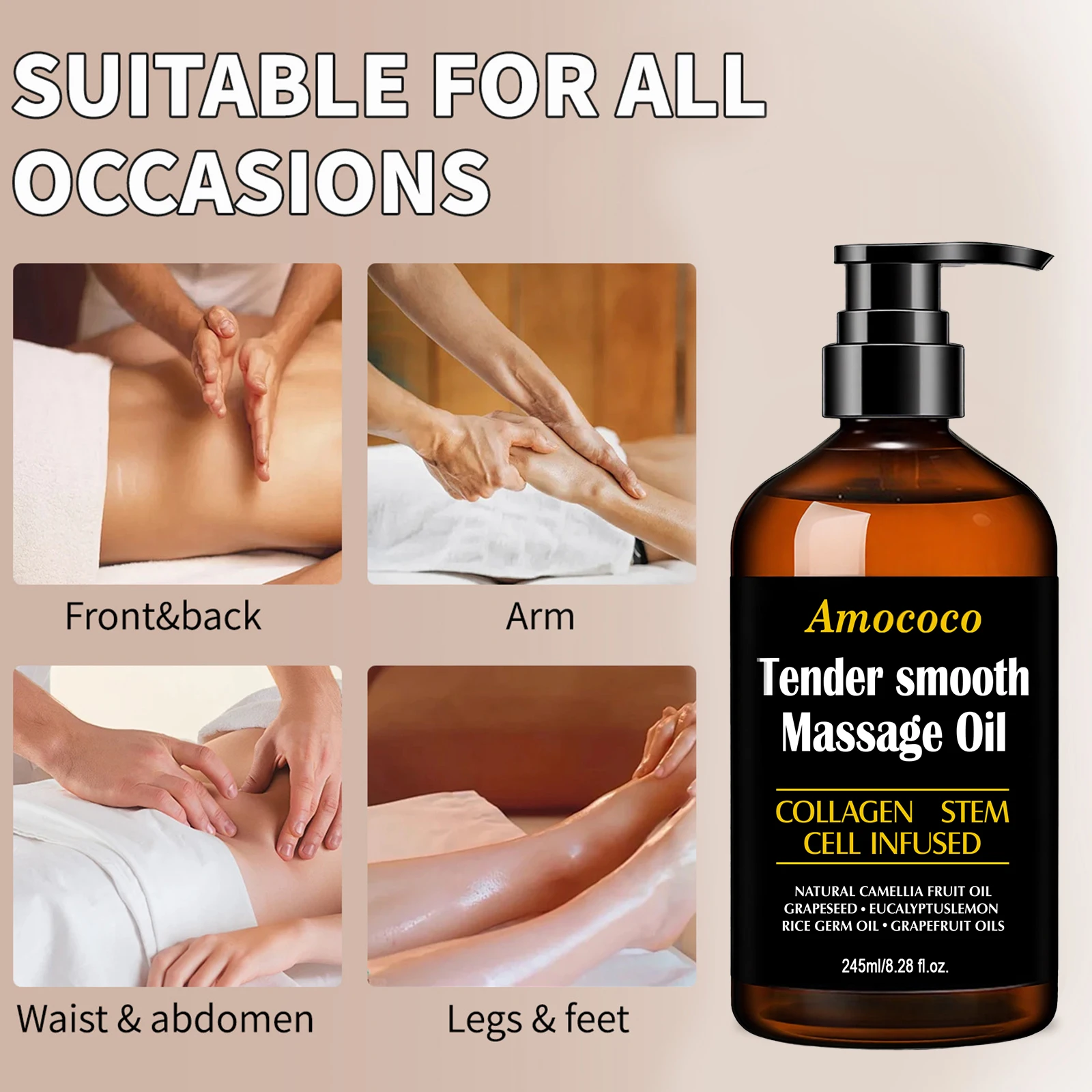Amococo 2/3pcs Massage Oil Tender Smooth Body Massage Oil 60ml/245ml with Collagen Stem Cell Infused Formula Camellia Fruit Oil Grapeseed Oil Eucalyptus Oil Rice Germ Oil Grapefruit Oil Moisturizing Body Care Oil for Relaxing Massage Skin Care