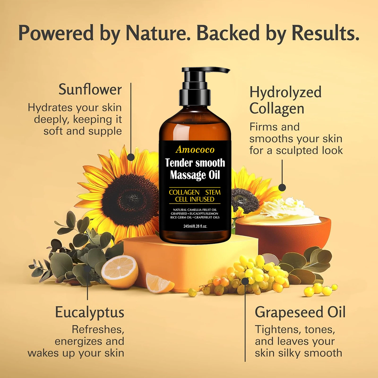 Amococo 2/3pcs Massage Oil Tender Smooth Body Massage Oil 60ml/245ml with Collagen Stem Cell Infused Formula Camellia Fruit Oil Grapeseed Oil Eucalyptus Oil Rice Germ Oil Grapefruit Oil Moisturizing Body Care Oil for Relaxing Massage Skin Care