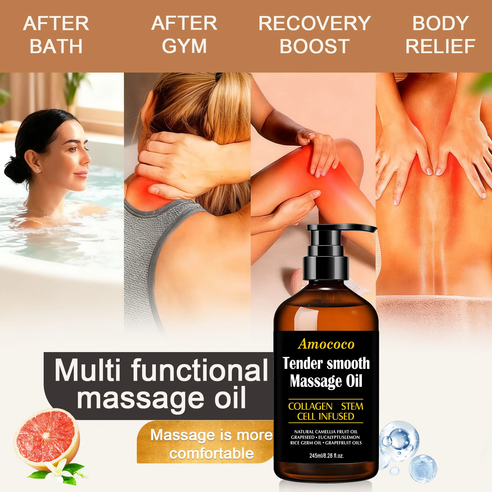 Amococo 2/3pcs Massage Oil Tender Smooth Body Massage Oil 60ml/245ml with Collagen Stem Cell Infused Formula Camellia Fruit Oil Grapeseed Oil Eucalyptus Oil Rice Germ Oil Grapefruit Oil Moisturizing Body Care Oil for Relaxing Massage Skin Care