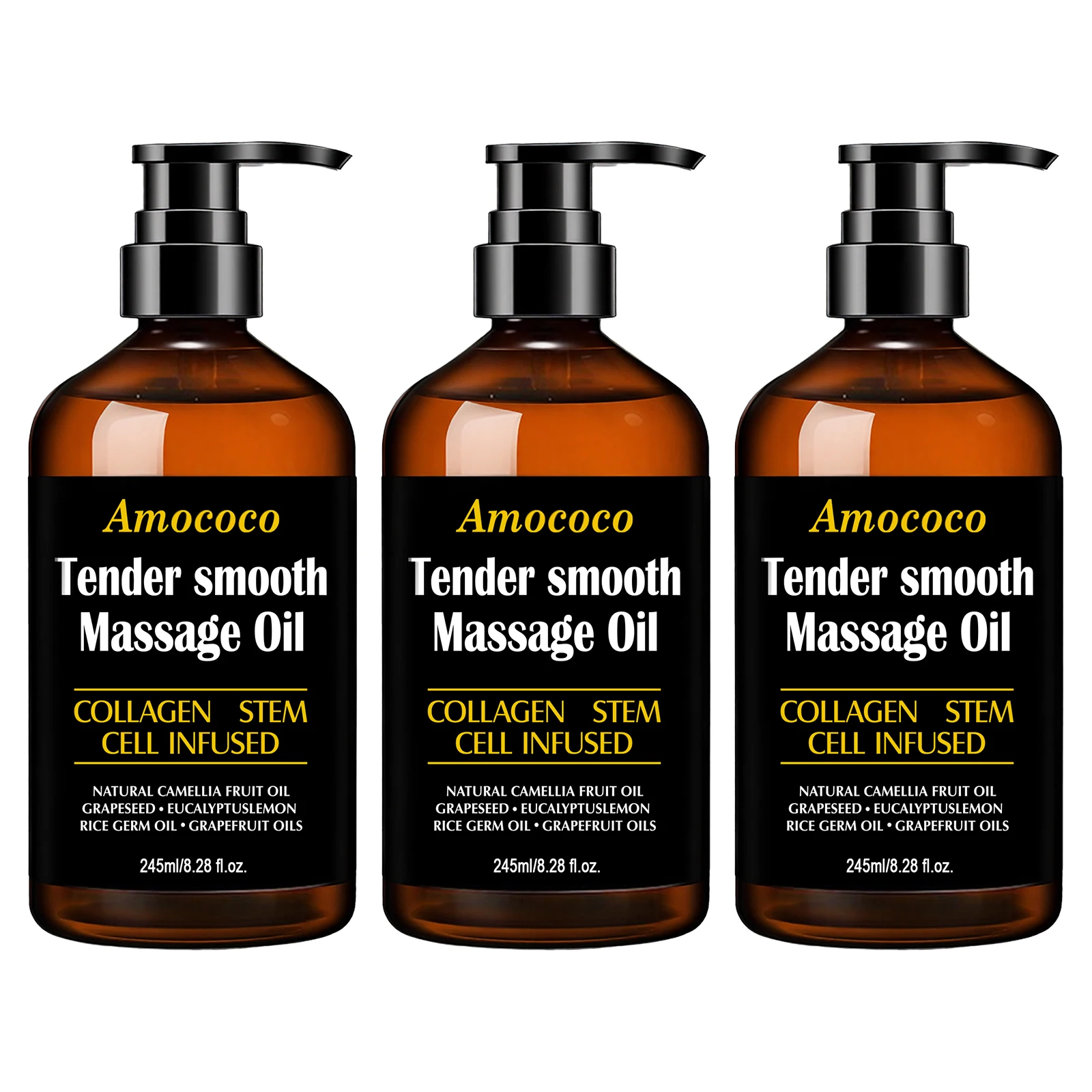 Amococo 2/3pcs Massage Oil Tender Smooth Body Massage Oil 60ml/245ml with Collagen Stem Cell Infused Formula Camellia Fruit Oil Grapeseed Oil Eucalyptus Oil Rice Germ Oil Grapefruit Oil Moisturizing Body Care Oil for Relaxing Massage Skin Care