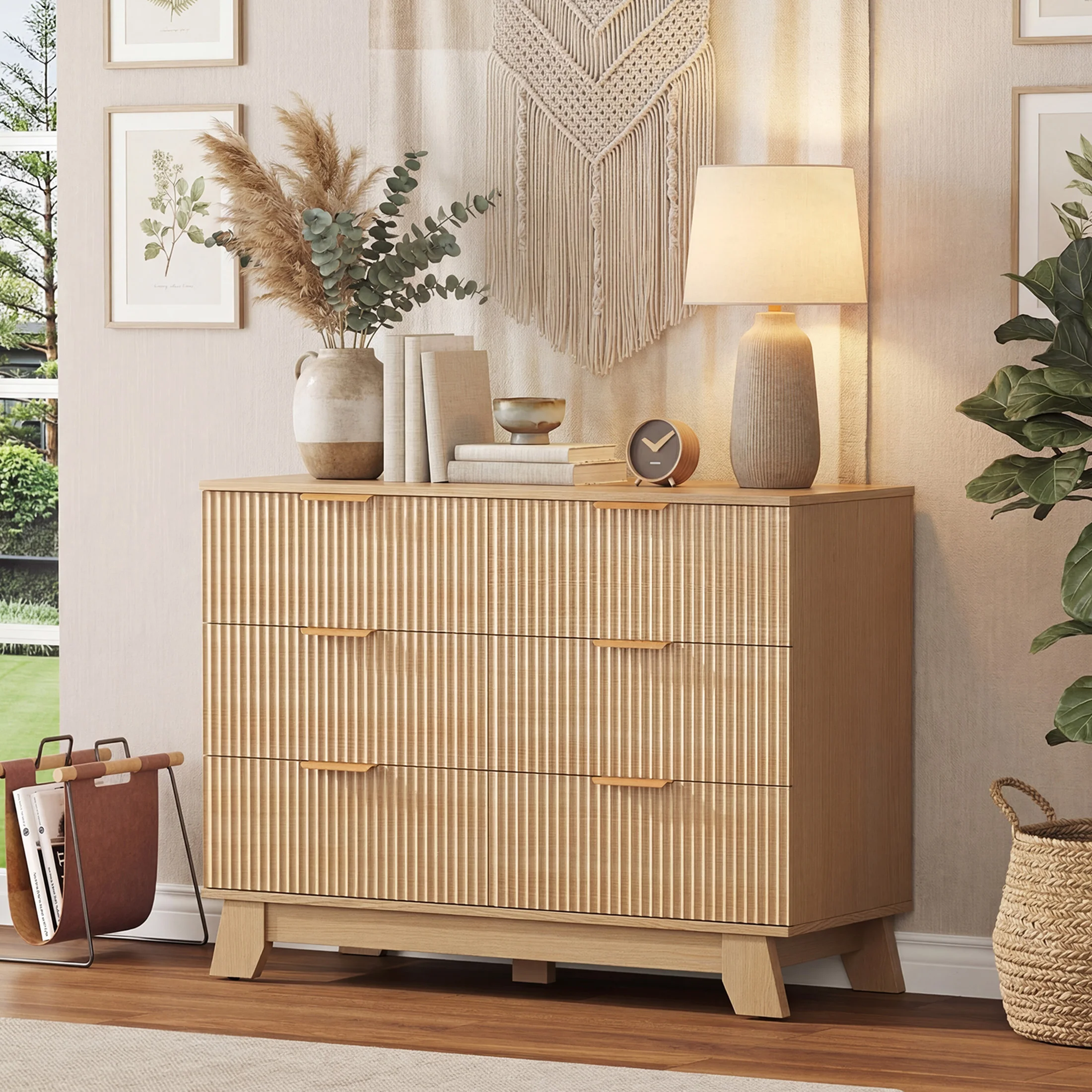 JHK Fluted Wooden 6 Drawer Dresser Cabinet Wide Modern Chest of Drawers with Gold Metal Handles Storage Organizer Unit for Living Room Hallway