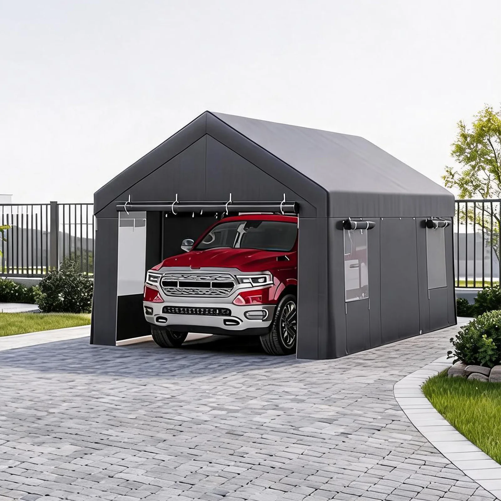 10x20/12x20 Heavy Duty Carport Portable Garage With Roll-Up Windows, Removable Sidewalls & Doors, All-Season Steel Frame Shelter