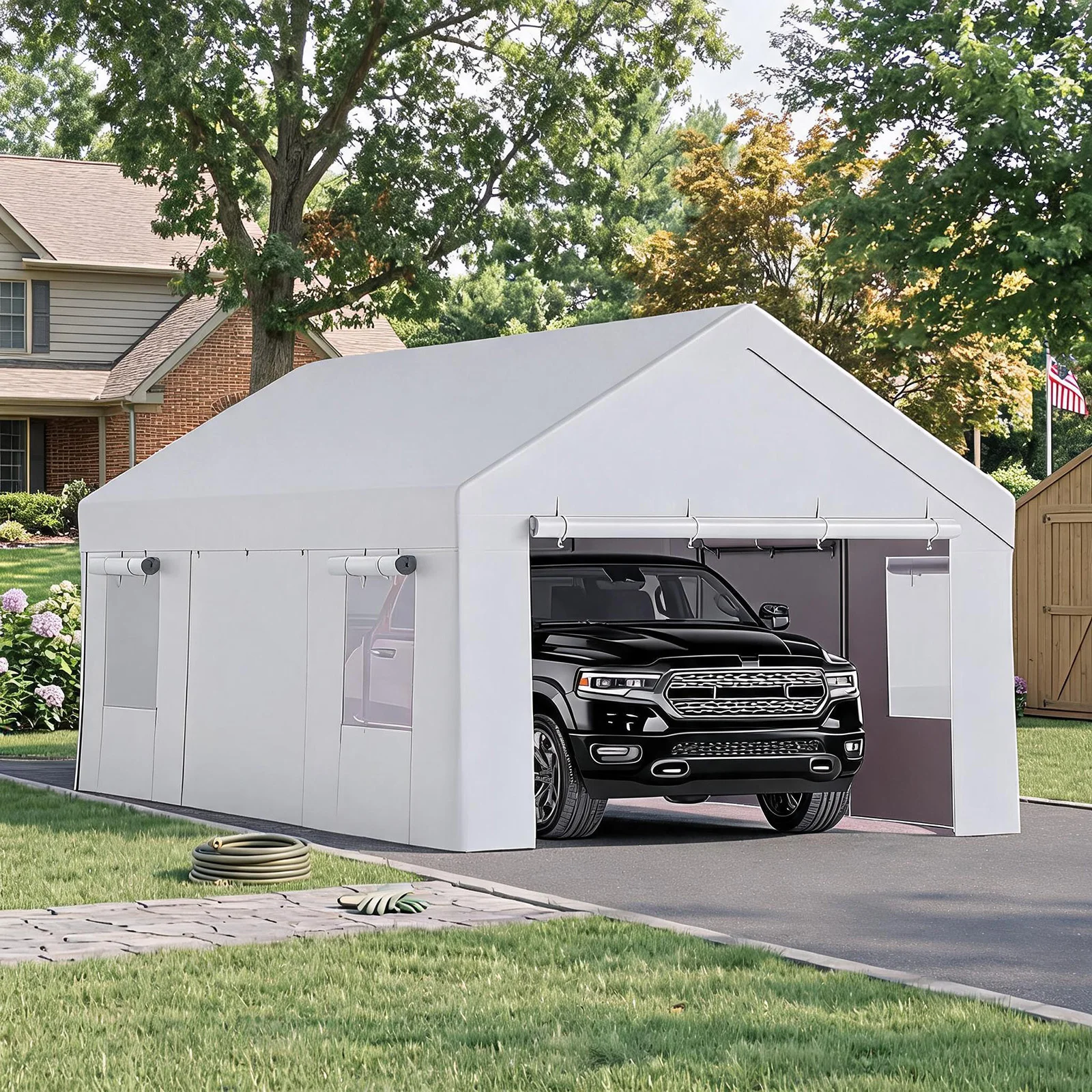10x20/12x20 Heavy Duty Carport Portable Garage With Roll-Up Windows, Removable Sidewalls & Doors, All-Season Steel Frame Shelter