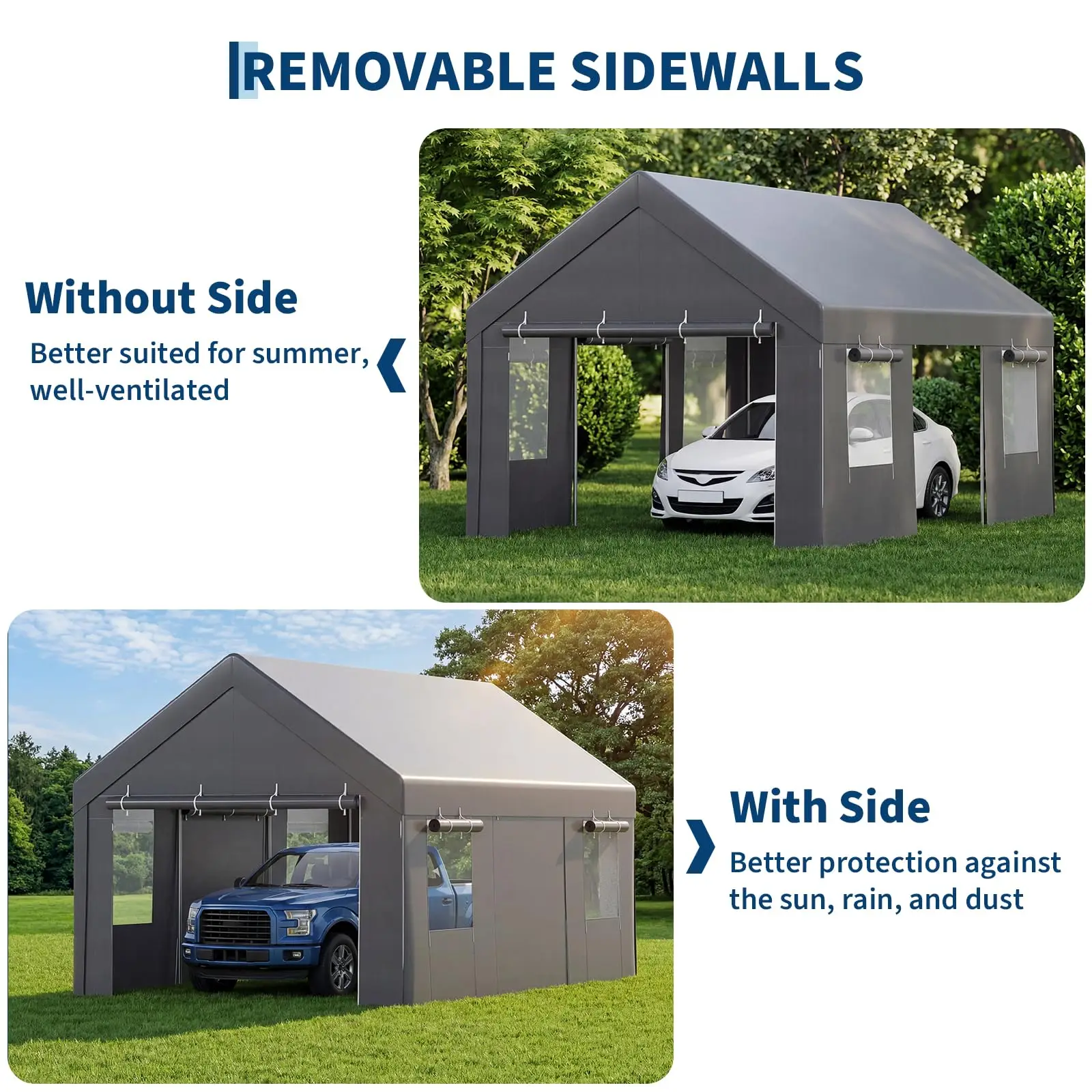10x20/12x20 Heavy Duty Carport Portable Garage With Roll-Up Windows, Removable Sidewalls & Doors, All-Season Steel Frame Shelter