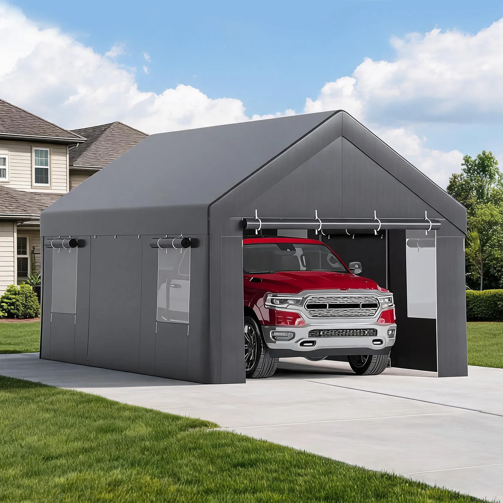 10x20/12x20 Heavy Duty Carport Portable Garage With Roll-Up Windows, Removable Sidewalls & Doors, All-Season Steel Frame Shelter