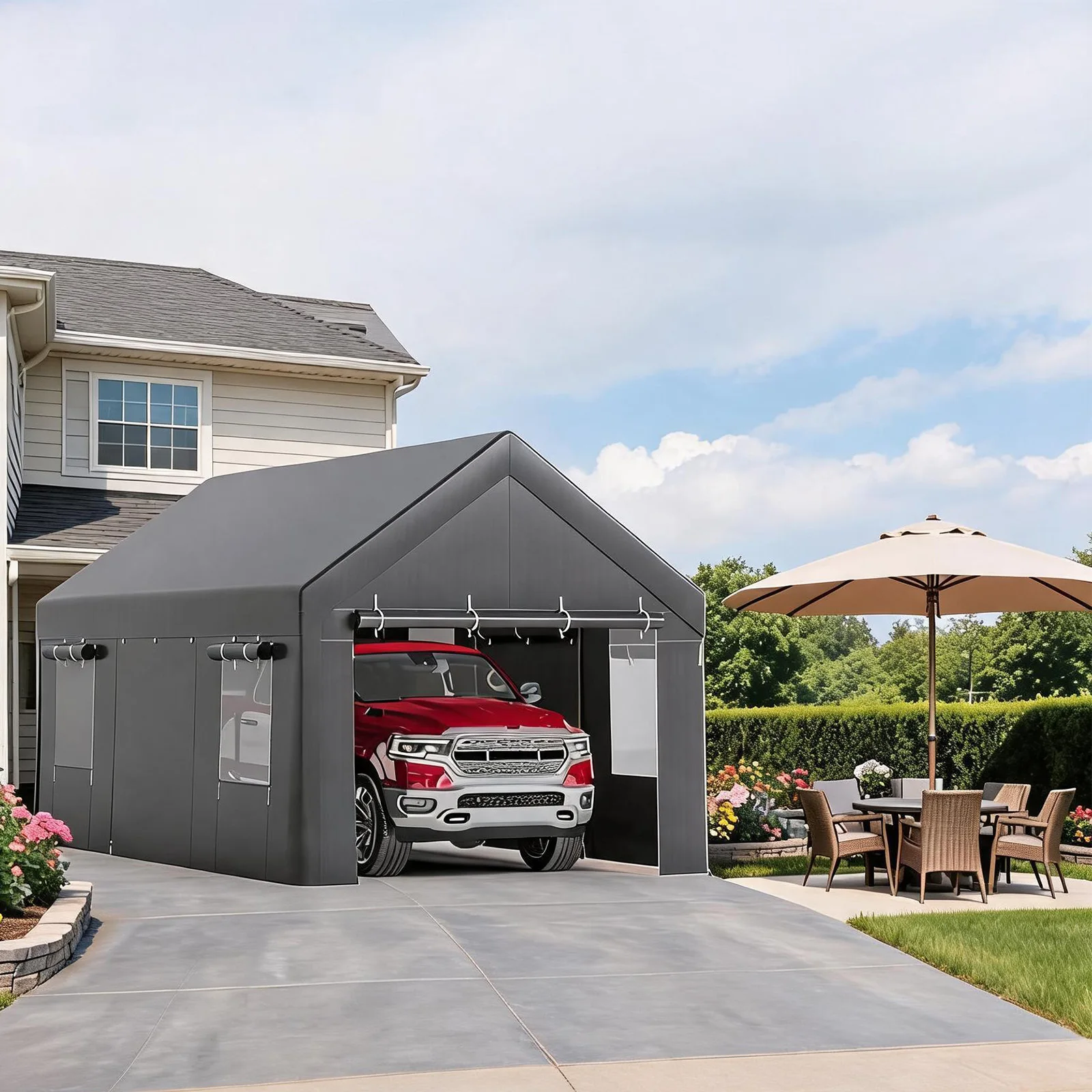 10x20/12x20 Heavy Duty Carport Portable Garage With Roll-Up Windows, Removable Sidewalls & Doors, All-Season Steel Frame Shelter