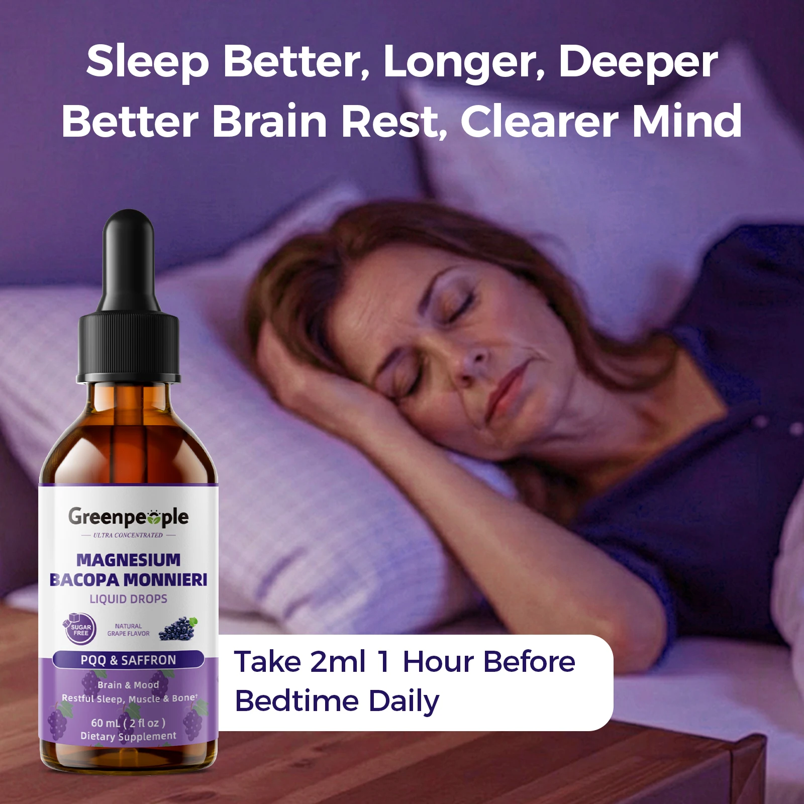 GREENPEOPLE 60ML Magnesium Glycinate Liquid Drops 4-in-1 High Absorption for Sleep,Bone, Muscle Health Sugar-Free Grape Flavor