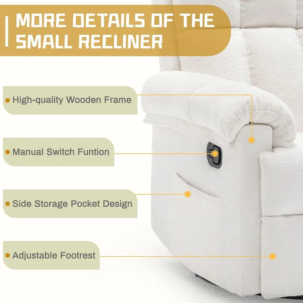 Recliner Chair, Swivel Rocker Recliner Chair or Adults, Small Recliners or Small Spaces, Upholstered Manual Recliner with Side k
