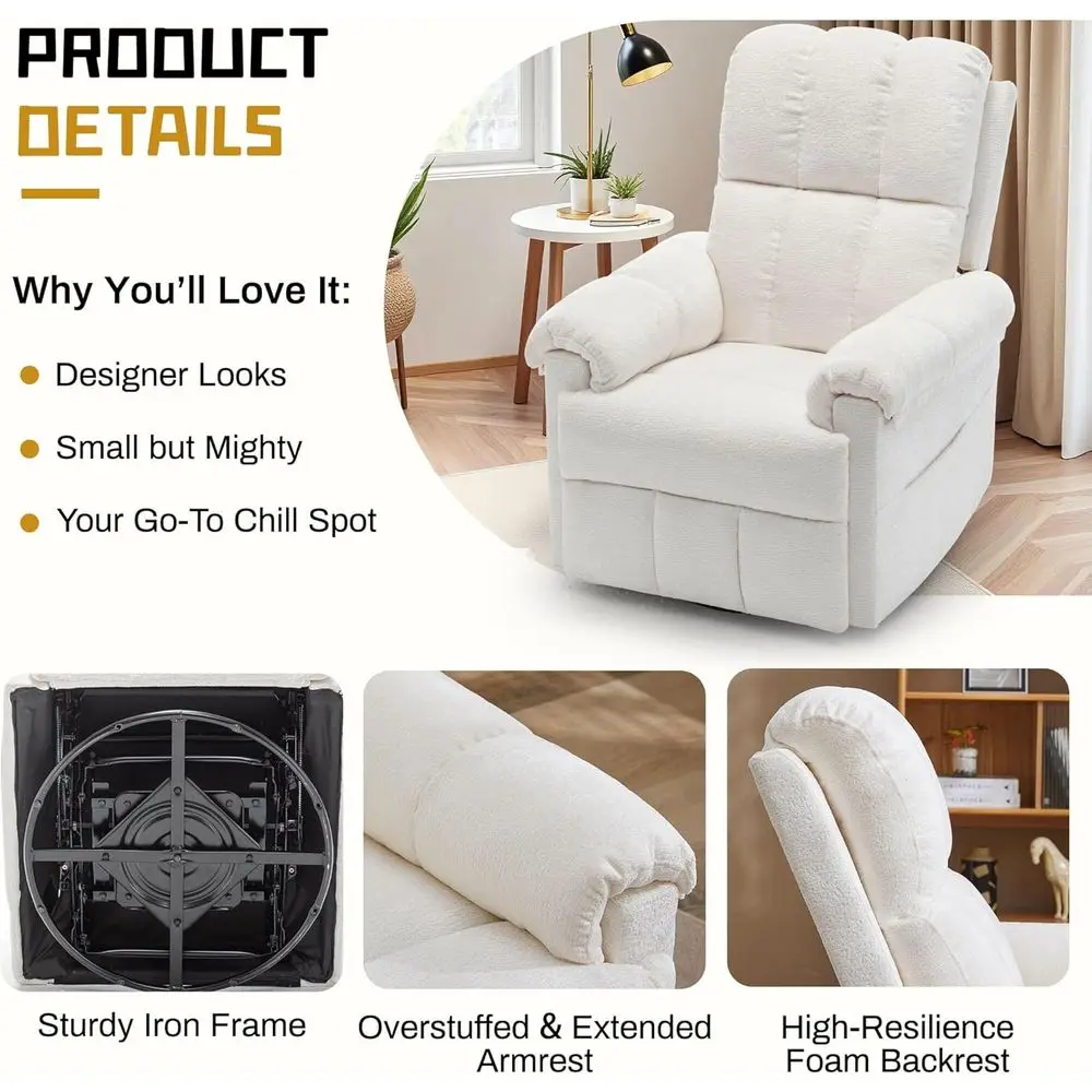 Recliner Chair, Swivel Rocker Recliner Chair or Adults, Small Recliners or Small Spaces, Upholstered Manual Recliner with Side k
