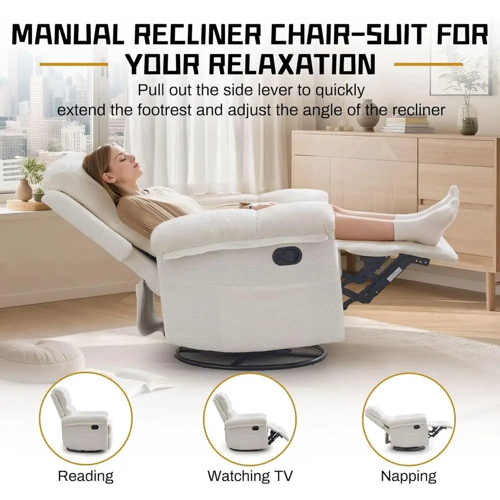 Recliner Chair, Swivel Rocker Recliner Chair or Adults, Small Recliners or Small Spaces, Upholstered Manual Recliner with Side k