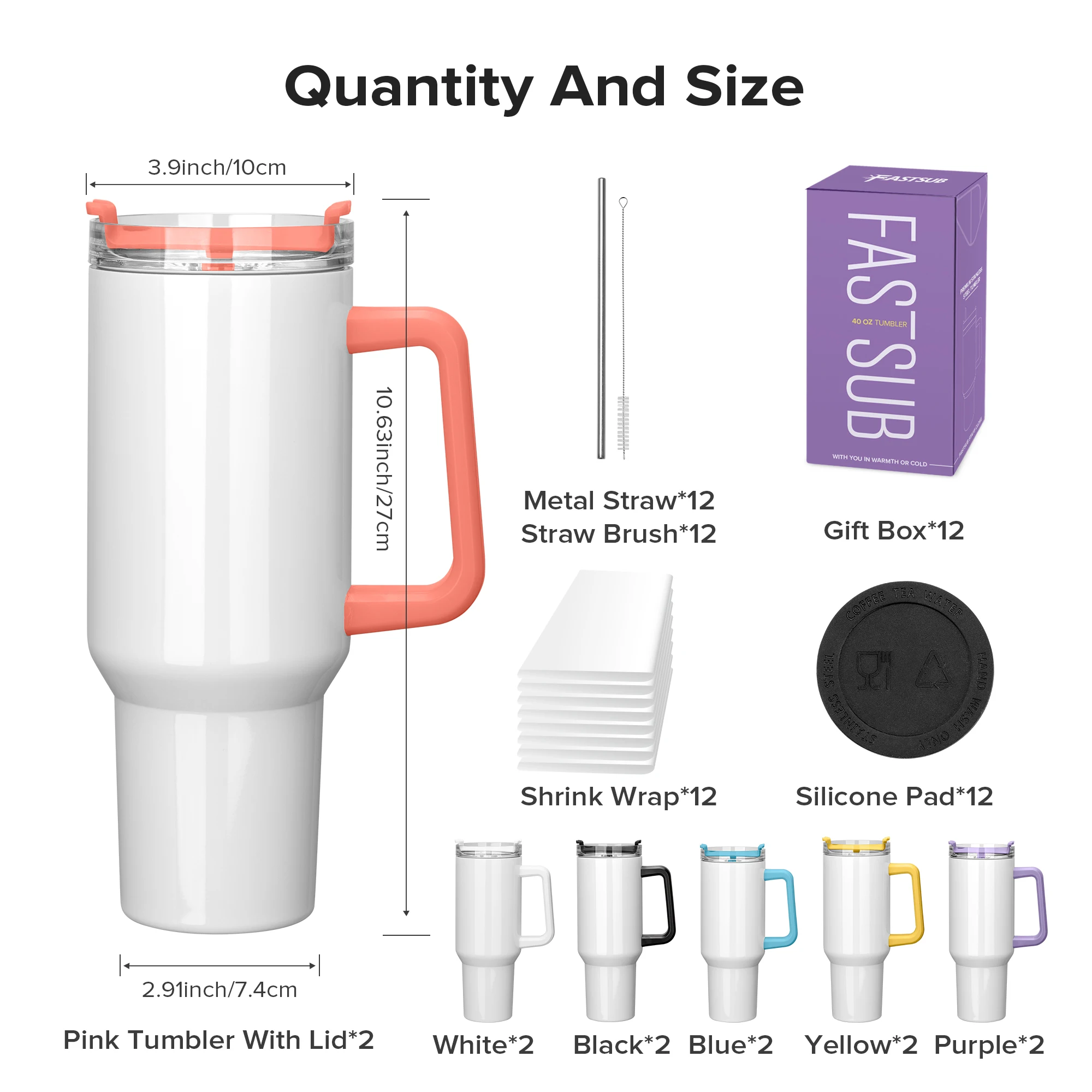 12 Pack 40 oz Sublimation Tumblers,Removable Handle Coffee Travel Mug With Straw lid,For Tumbler Press Machine,Outdoor, Gym