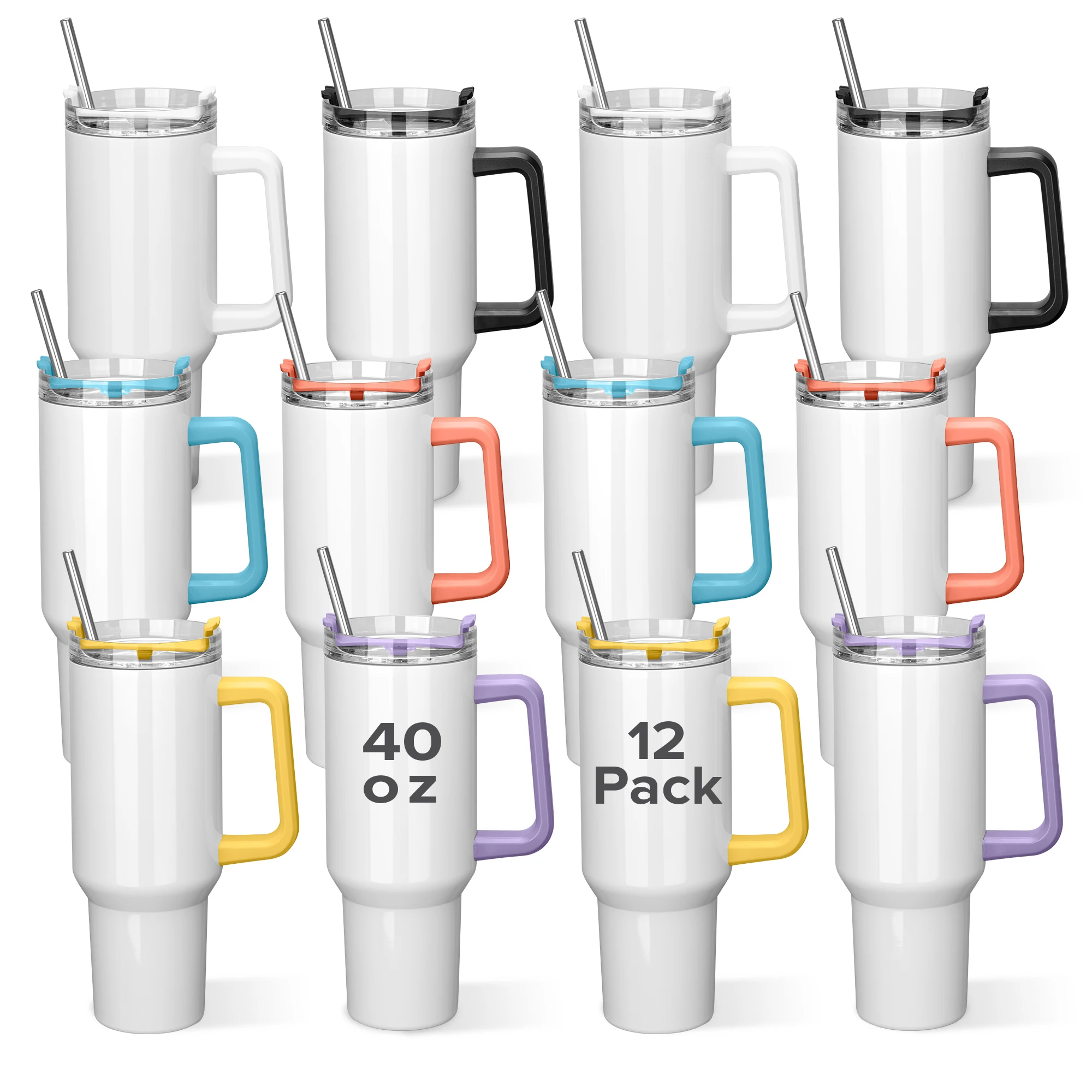 12 Pack 40 oz Sublimation Tumblers,Removable Handle Coffee Travel Mug With Straw lid,For Tumbler Press Machine,Outdoor, Gym