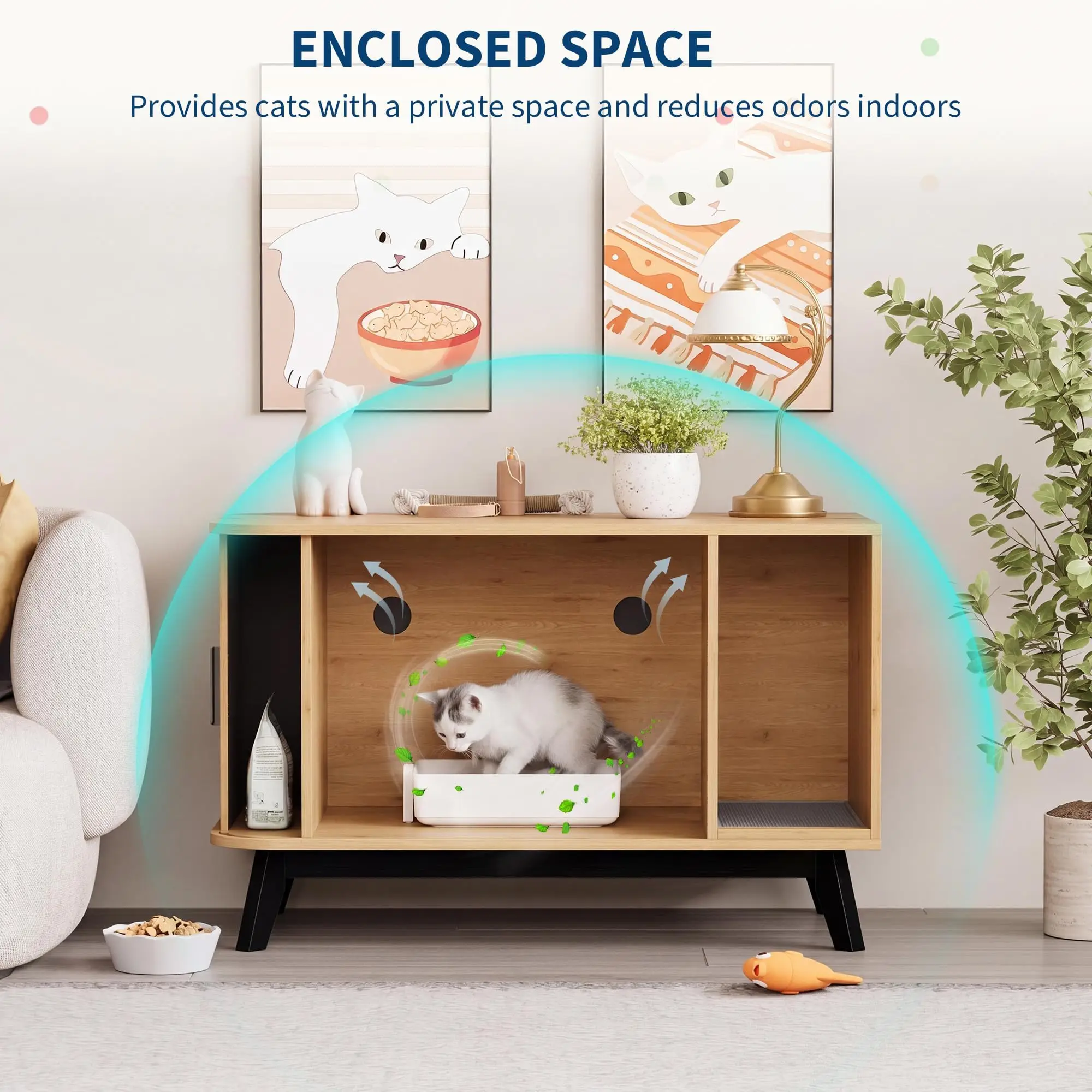 Cat Litter Box Enclosure 39 Inch Hidden Litter Box Furniture With Cat Litter Mat And Sliding Door Modern Indoor Cat House Side End Table For Living Room Natural Wood Color