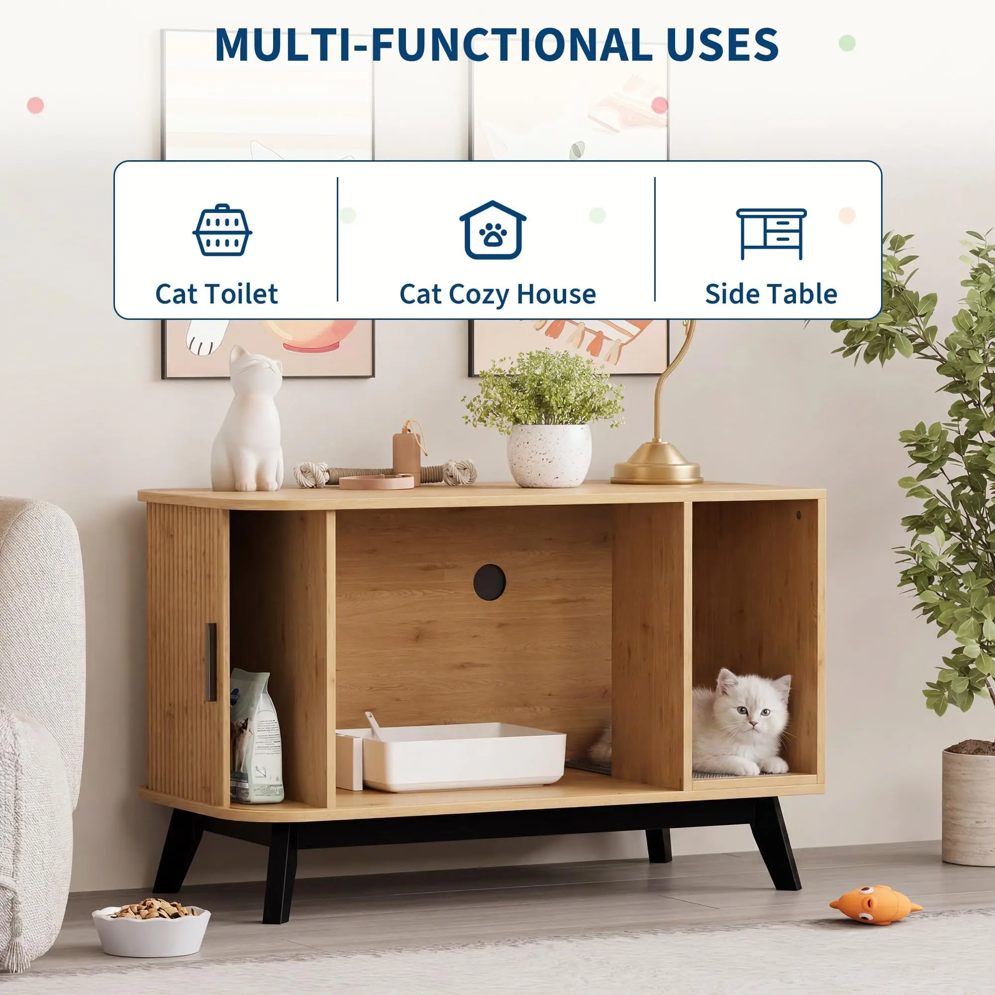 Cat Litter Box Enclosure 39 Inch Hidden Litter Box Furniture With Cat Litter Mat And Sliding Door Modern Indoor Cat House Side End Table For Living Room Natural Wood Color